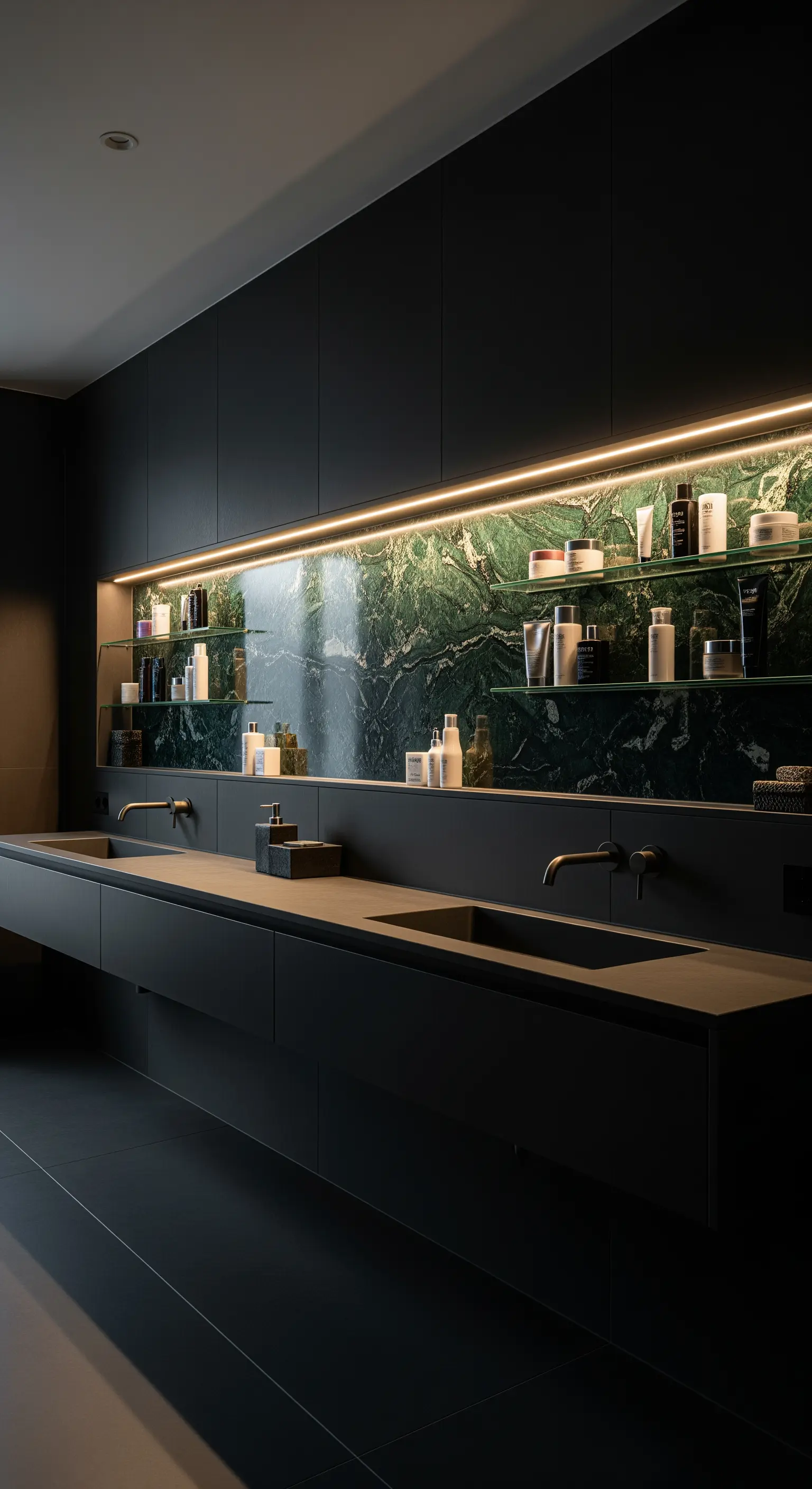 Lange, beleuchtete Wandnische mit grüner Marmorrückwand über einem Doppelwaschtisch.