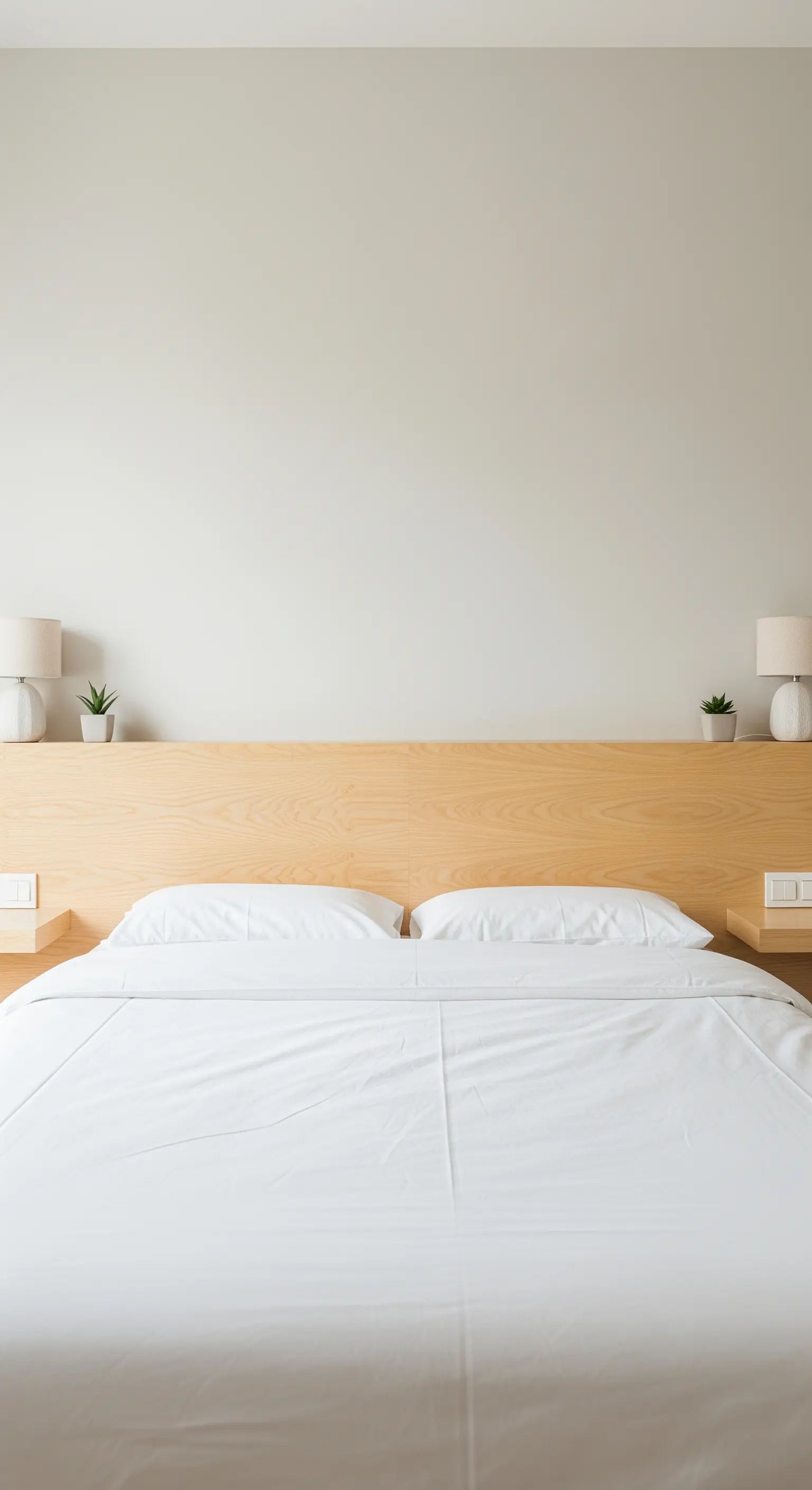 Breites Holzkopfteil mit integrierten Nachttischen und Lampen in einem minimalistischen Raum.