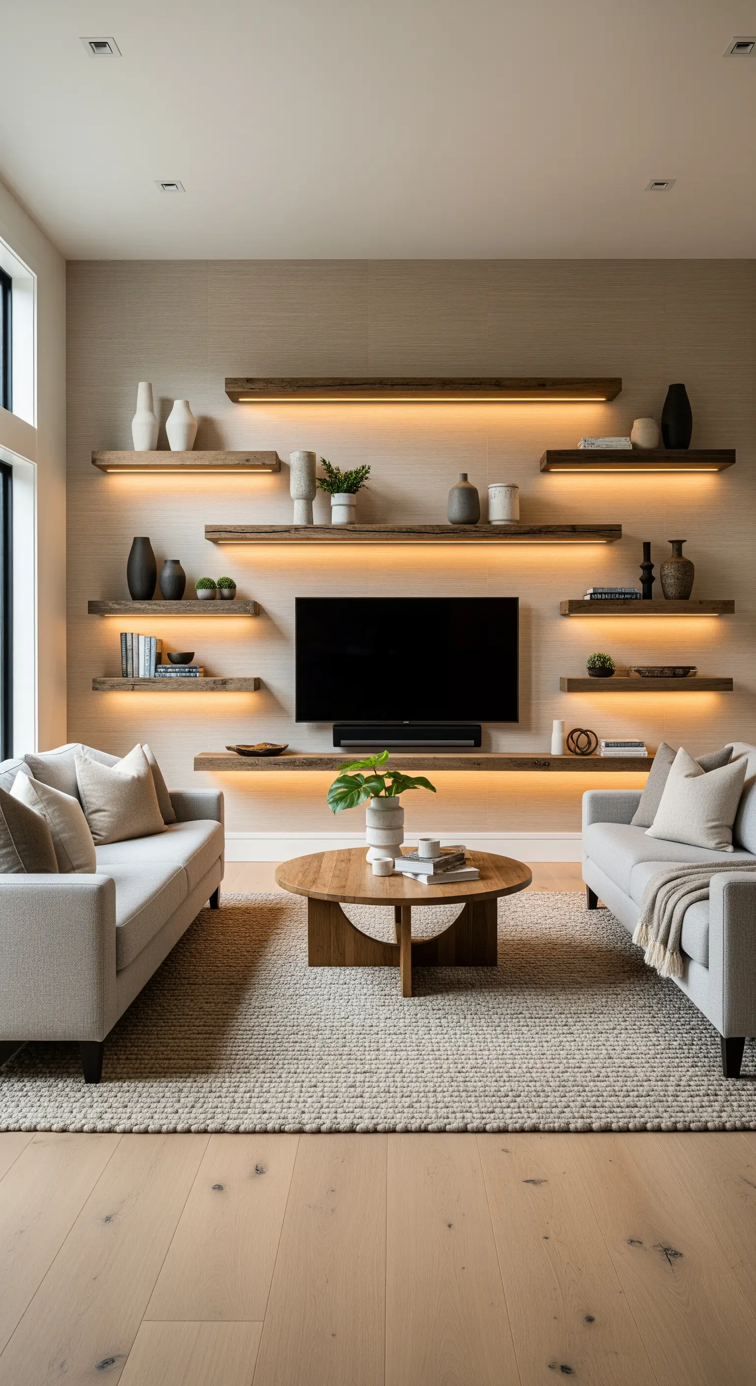 Wohnzimmer mit schwebenden Holzregalen über und unter dem Fernseher, alle mit LED-Unterbeleuchtung