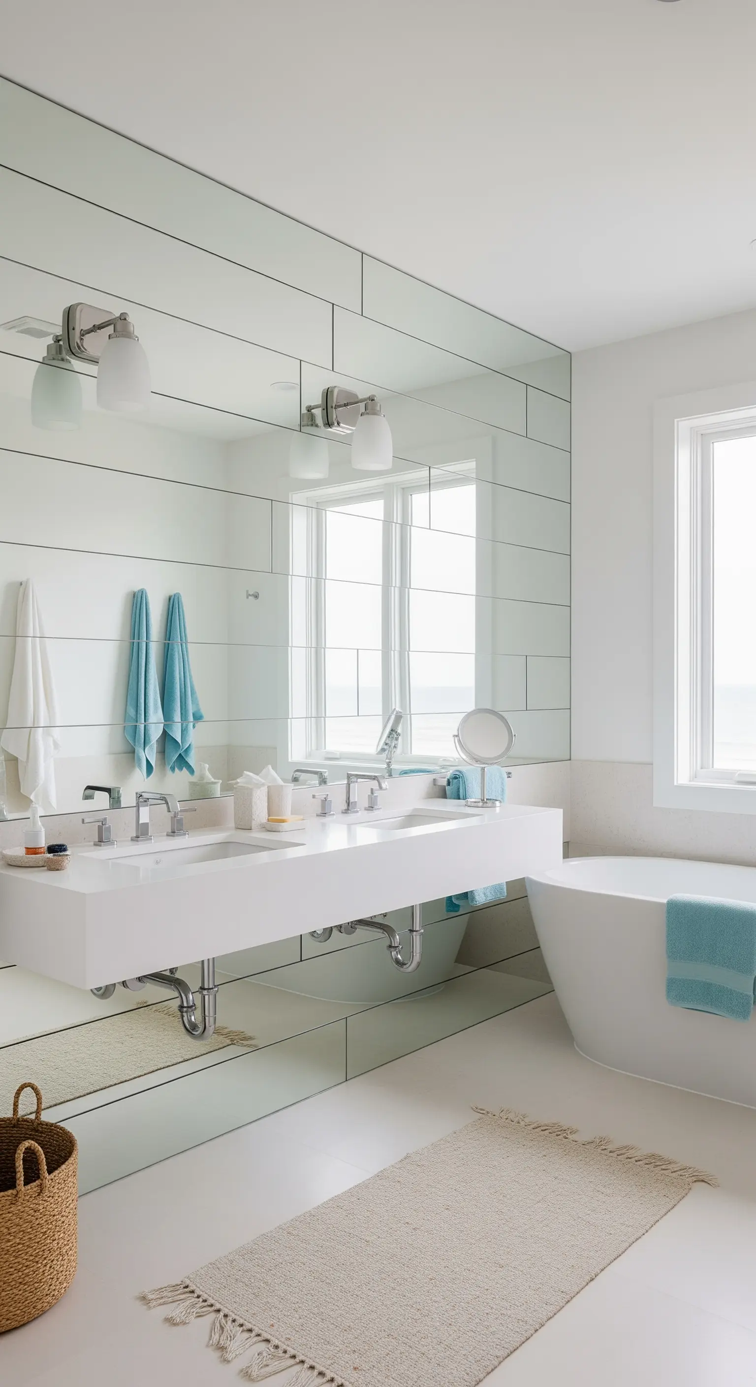 Helles Badezimmer mit horizontalen Spiegelpaneelen, weißem Waschtisch und türkisfarbenen Akzenten.