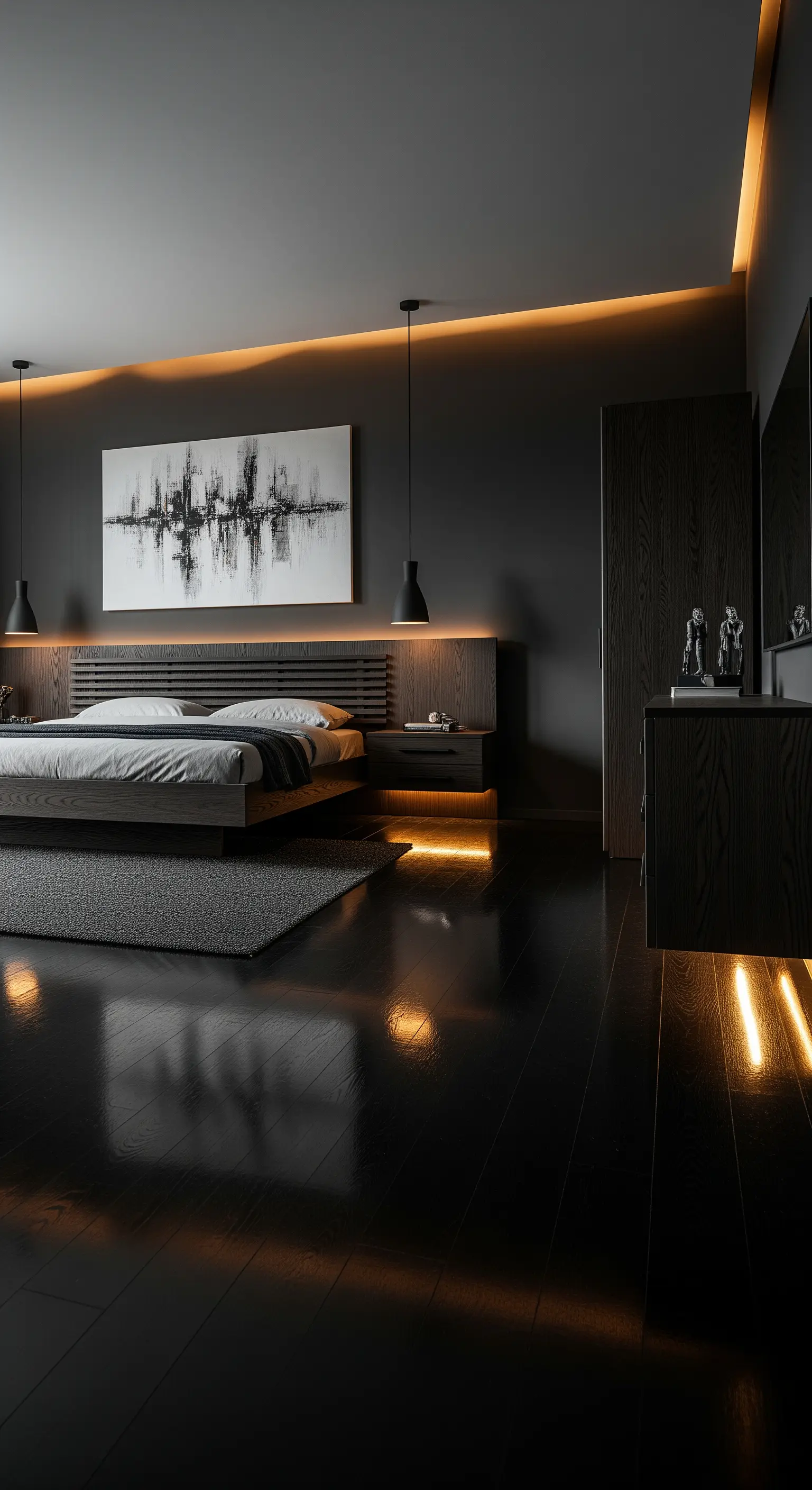 Holzpaneel Kopfteil, LED-Streifen, abstraktes Kunstwerk