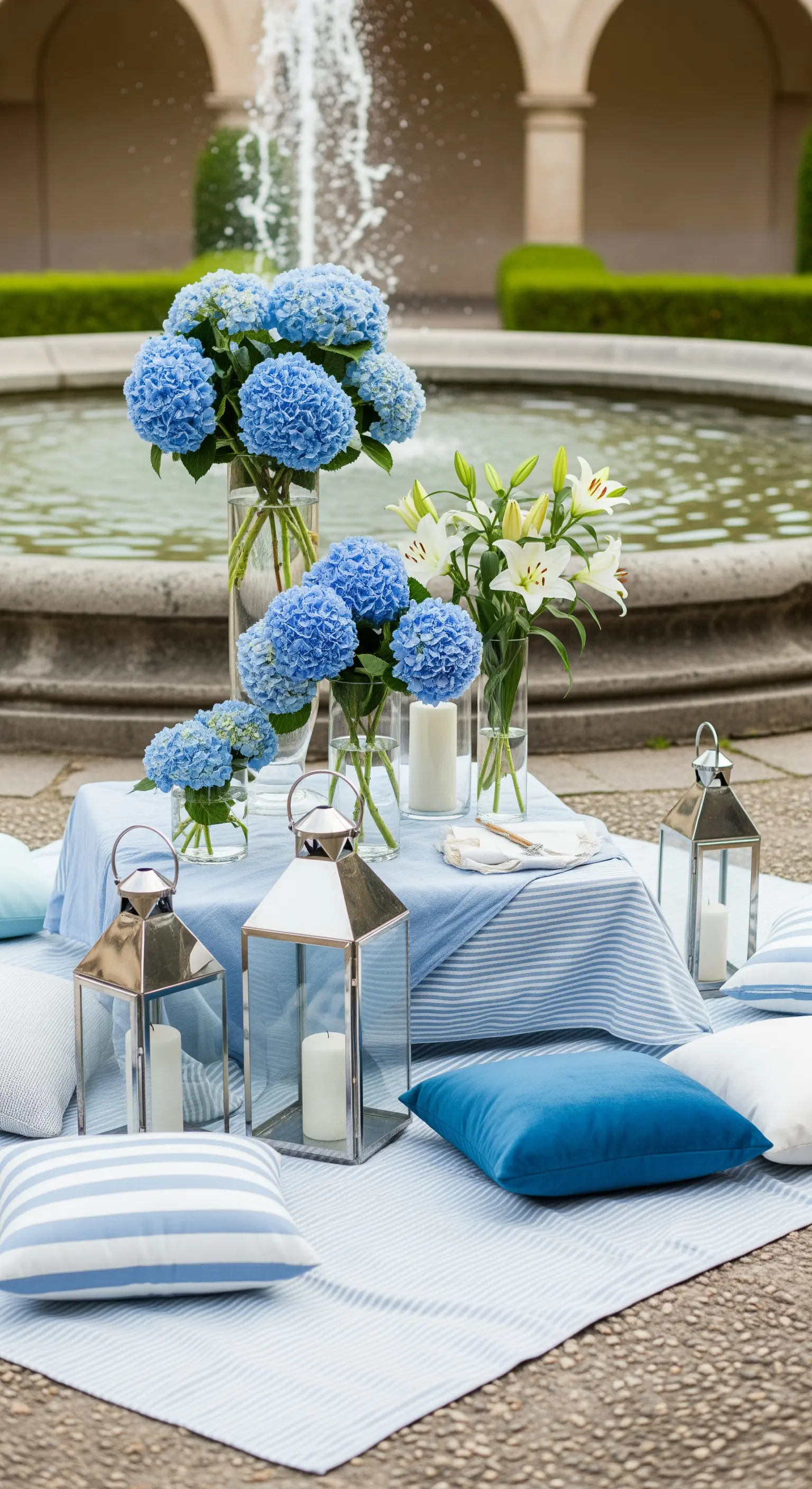 Blaue Hortensien, weiße Lilien, silberne Laternen und blaue Kissen am Brunnen.