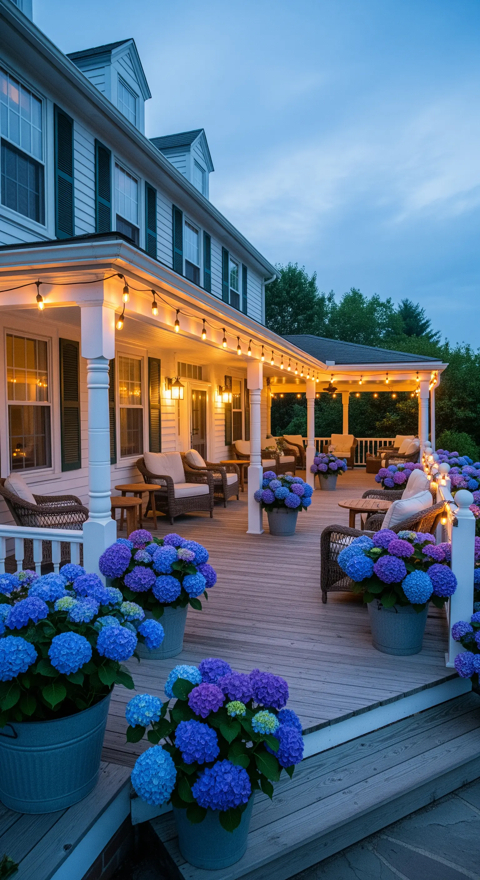 Veranda mit blauen Hortensien, Lounge-Möbeln, Lichterketten