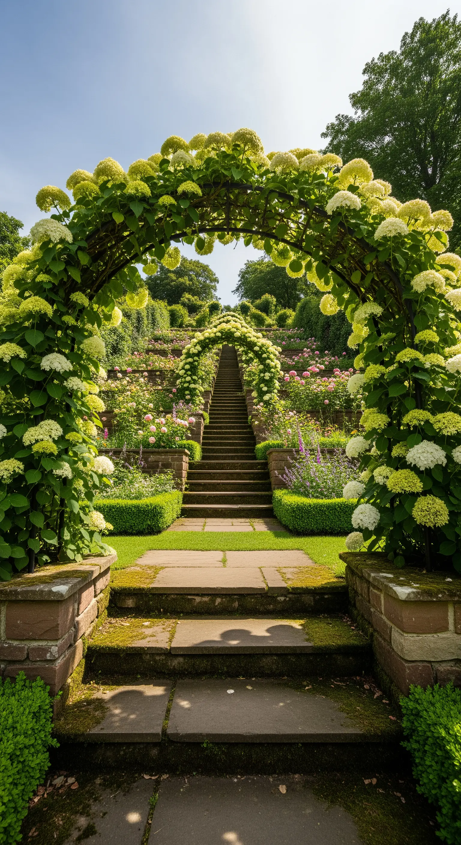 Hortensienbogen, Steintreppe, terrassierter Garten