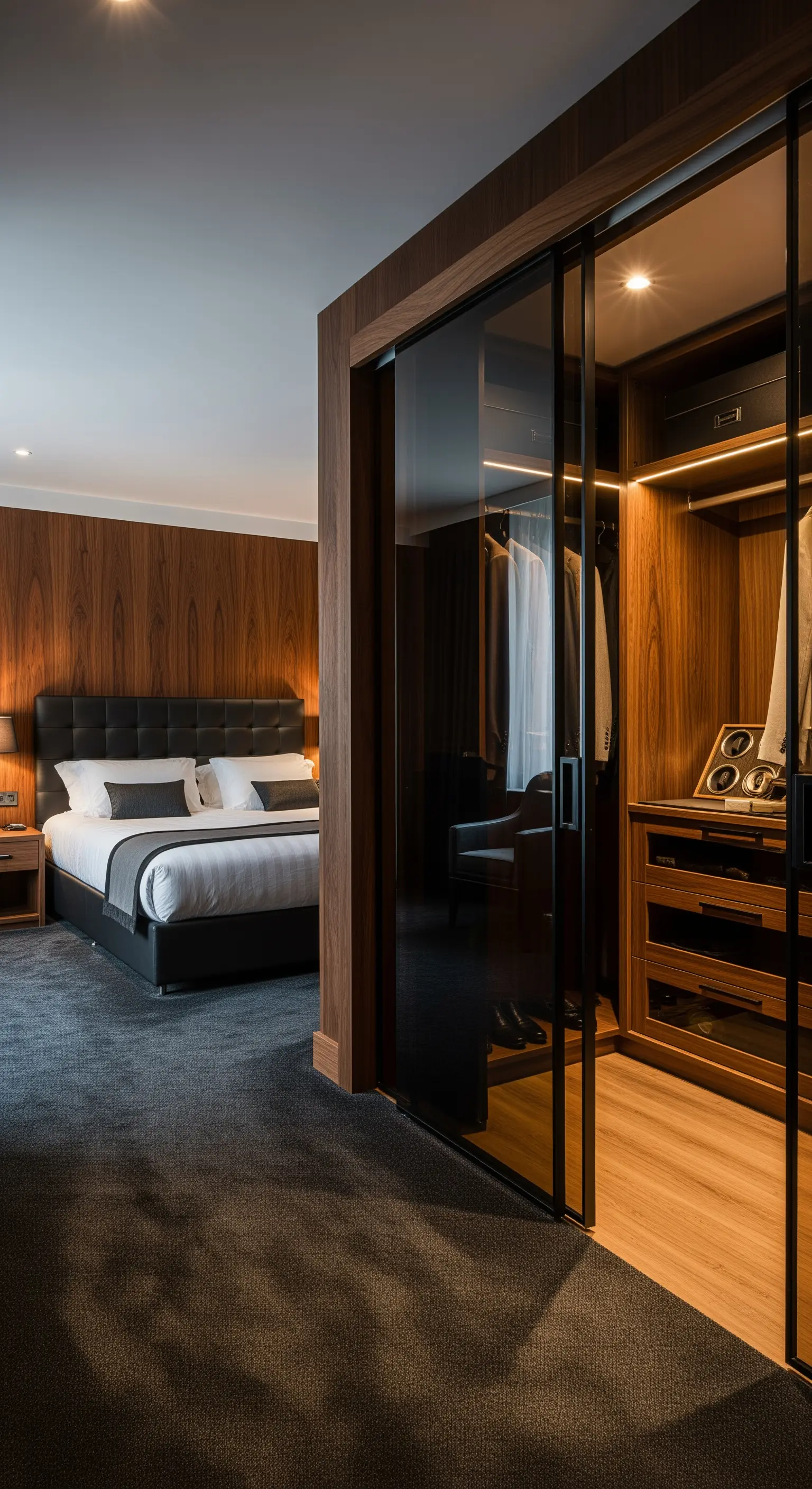 Luxuriöses Hotel-Schlafzimmer mit dunkler Holzverkleidung und Schiebetüren aus Rauchglas zum Schrank