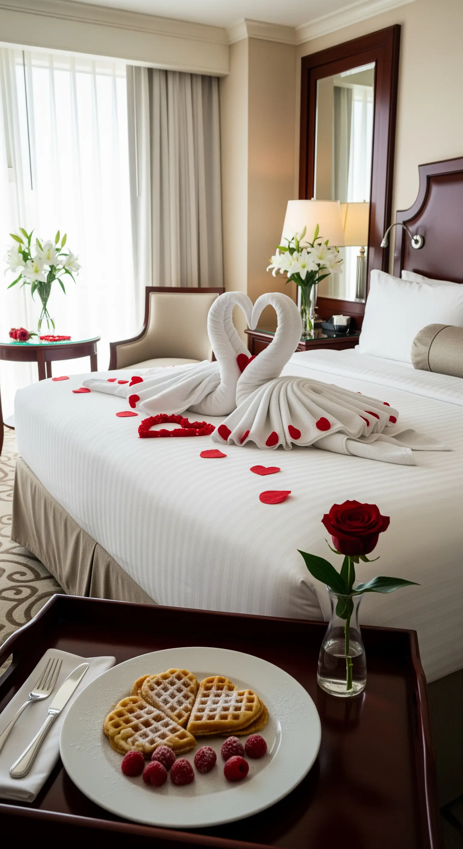 Elegantes Hotelzimmer mit Schwanen-Handtüchern und Rosenblättern auf dem Bett