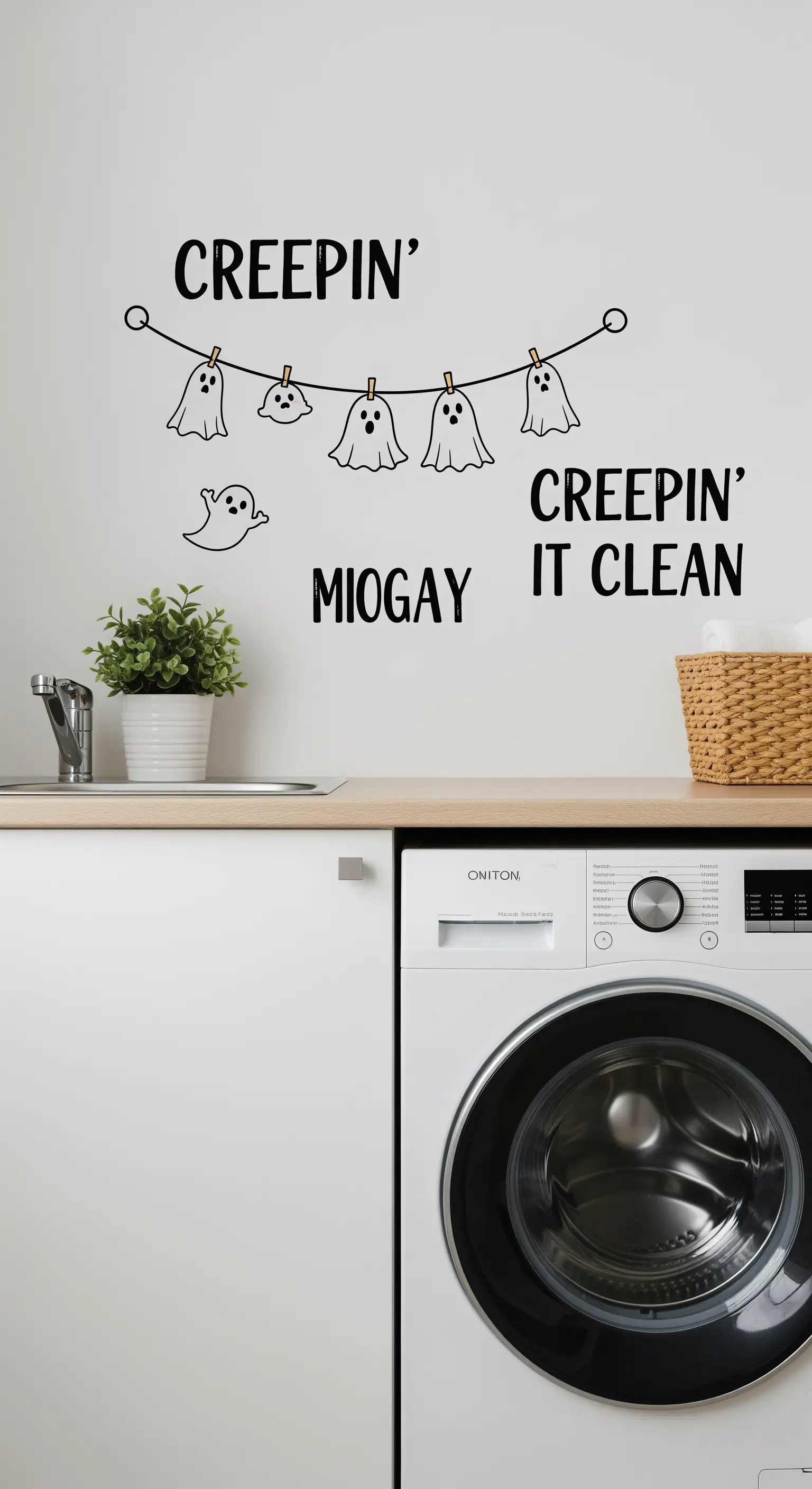 Eine weiße Wand in einer Waschküche mit einem lustigen Halloween-Wandsticker mit Geistern auf einer Wäscheleine.