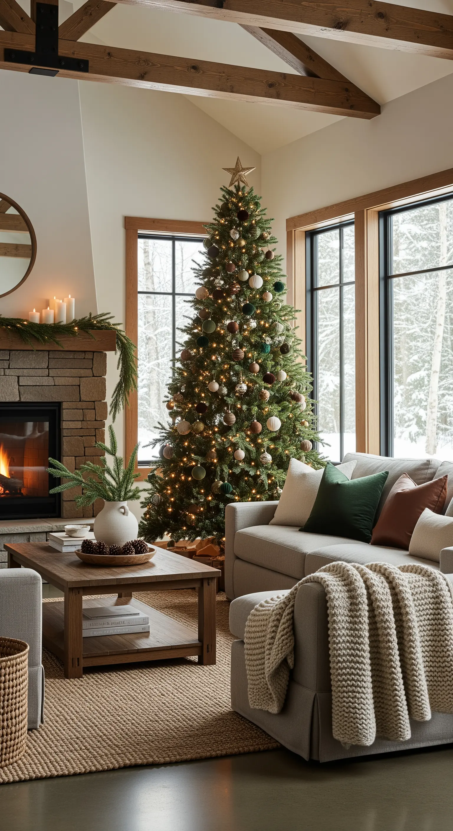 Weihnachtsbaum in Waldgrün, Beige, Holz, gemütliches Wohnzimmer mit Kamin.
