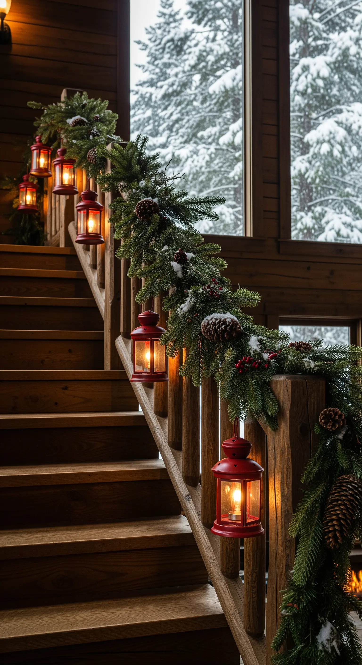 Rustikale Holztreppe mit Tannengirlande, roten Laternen und Tannenzapfen.