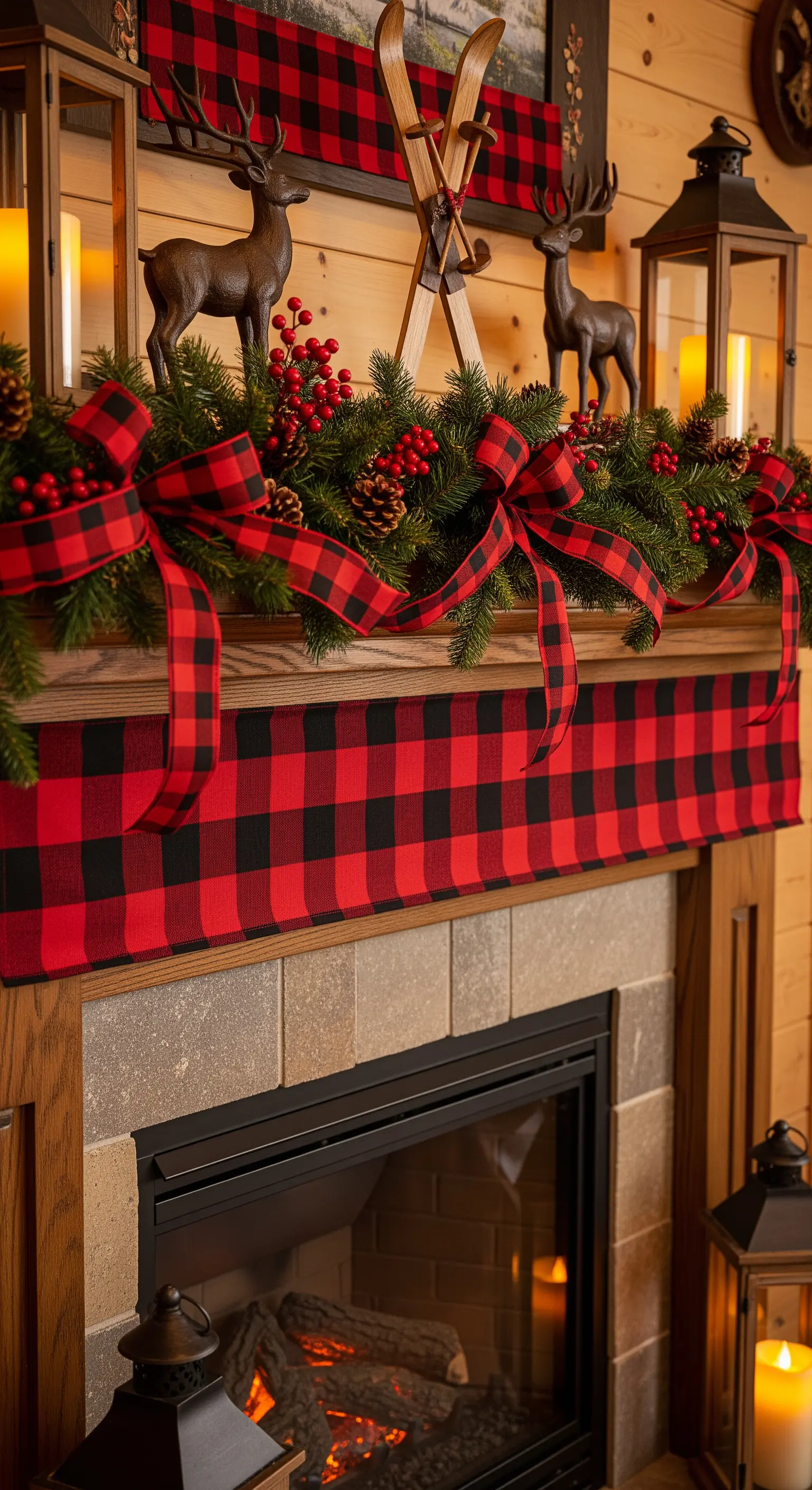 Rustikale Kamin-Deko im Landhausstil mit rot-schwarzem Karomuster.