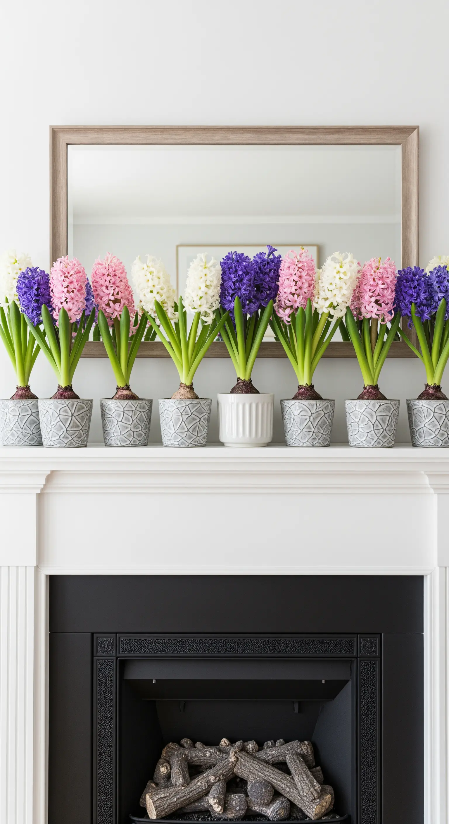 Aufgereihte Hyazinthen in Rosa, Weiß und Lila in grauen Keramiktöpfen auf einem Kamin.
