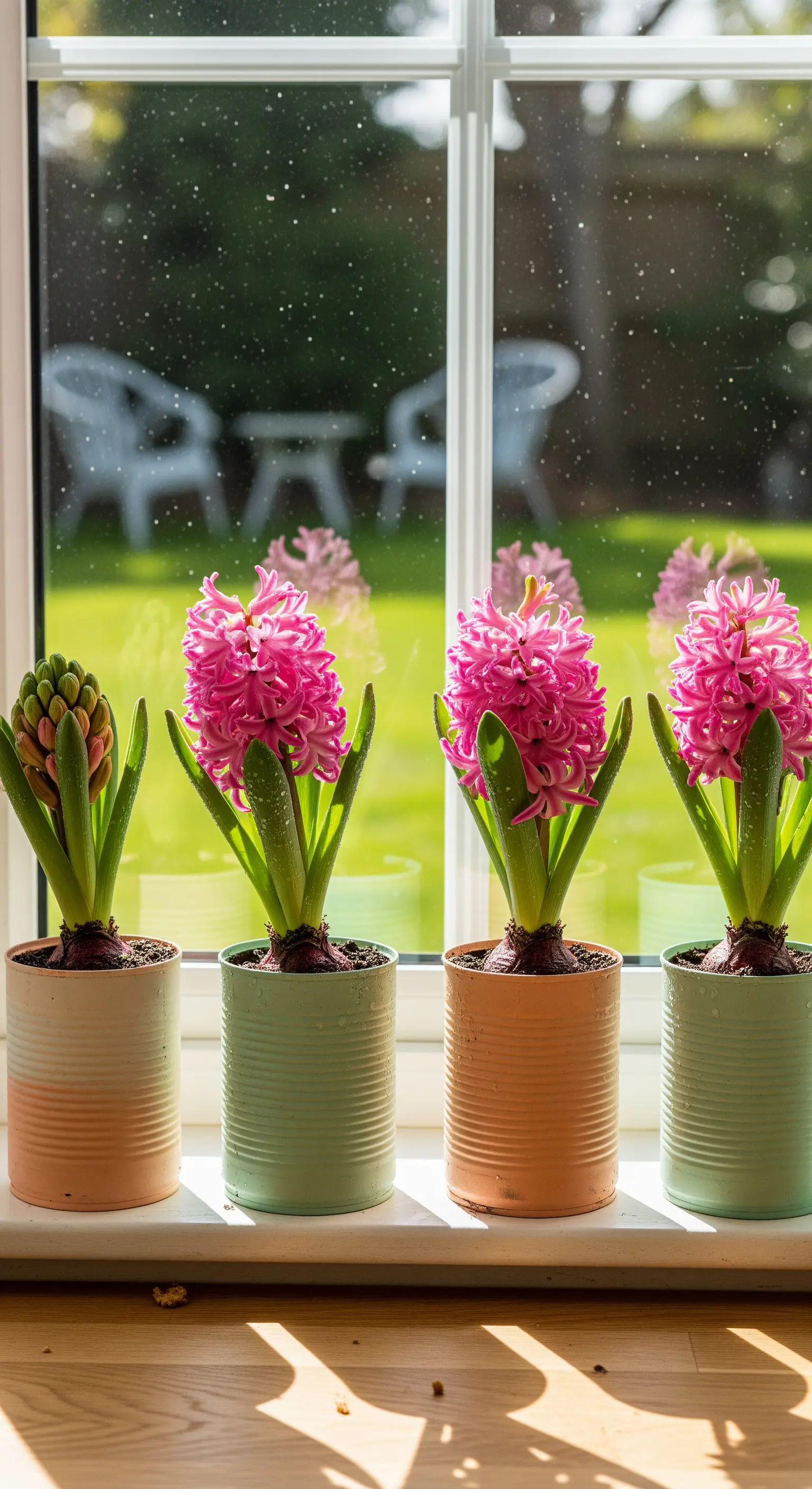 Hyazinthen in bemalten Konservendosen auf einer Fensterbank