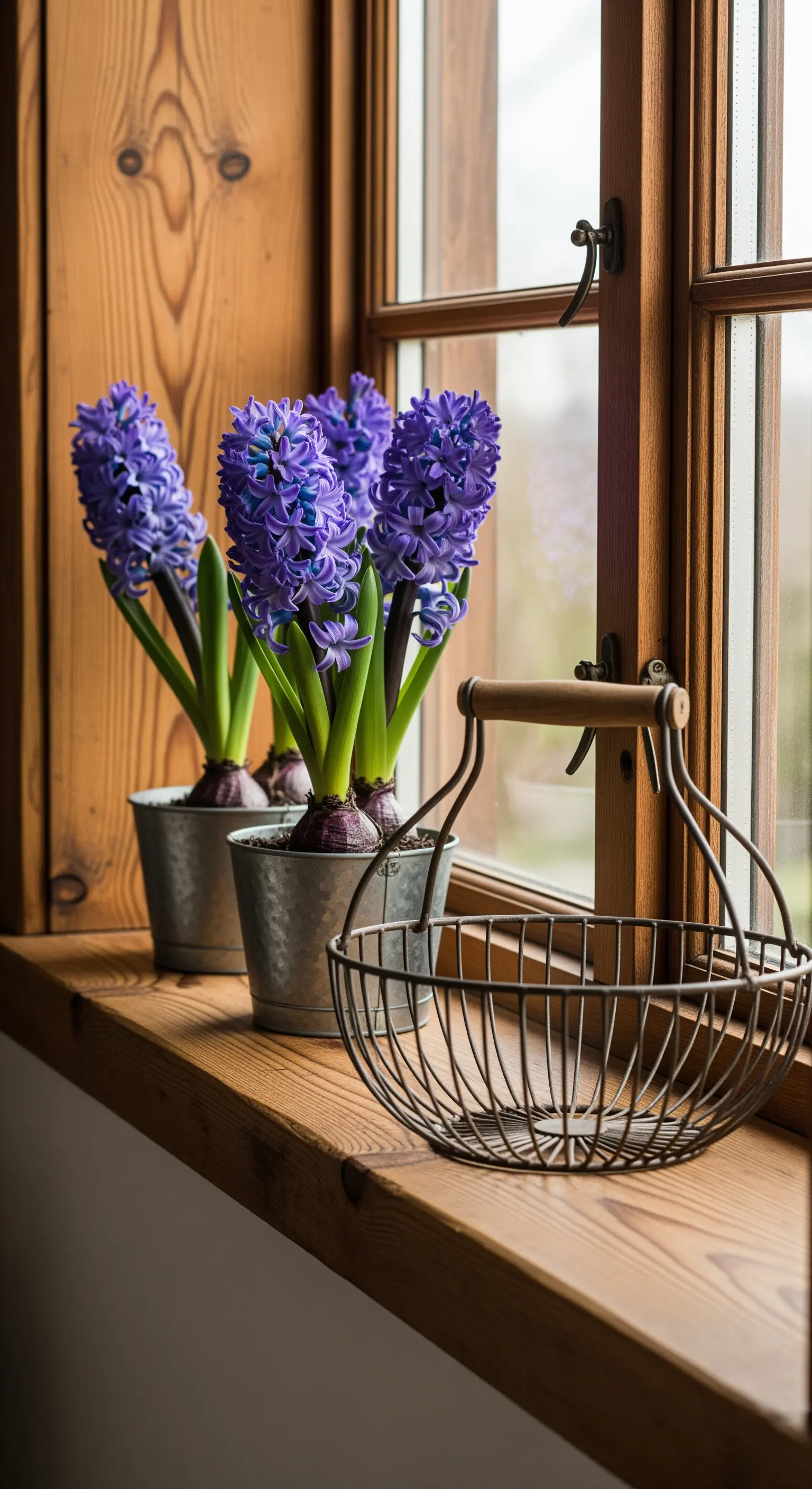 Getopfte blaue Hyazinthen in Zinkeimern auf Holzfensterbank