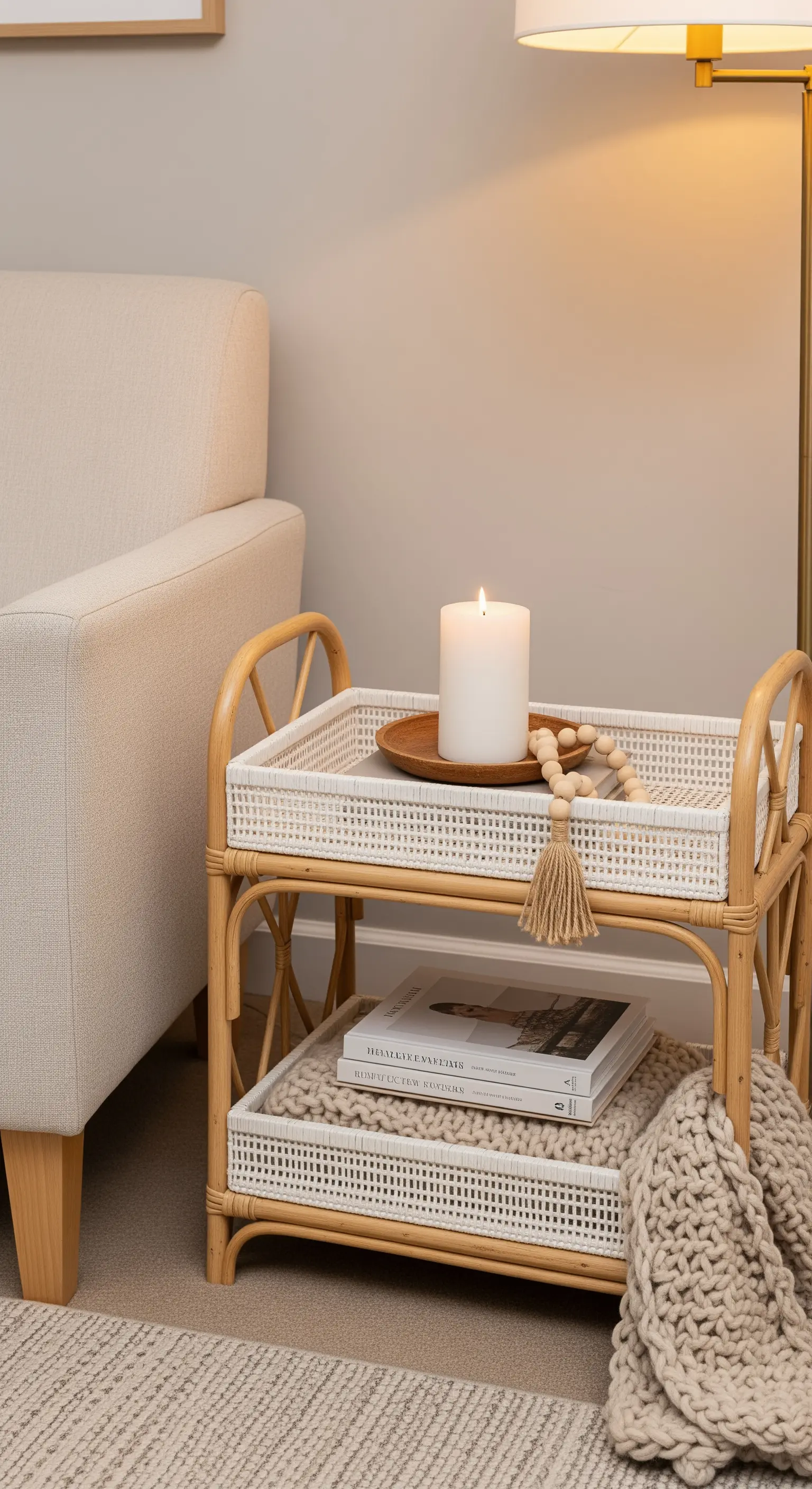Zweistöckiges Rattan-Regal neben einem Sofa, dekoriert mit Büchern, Decke und einer Kerze.