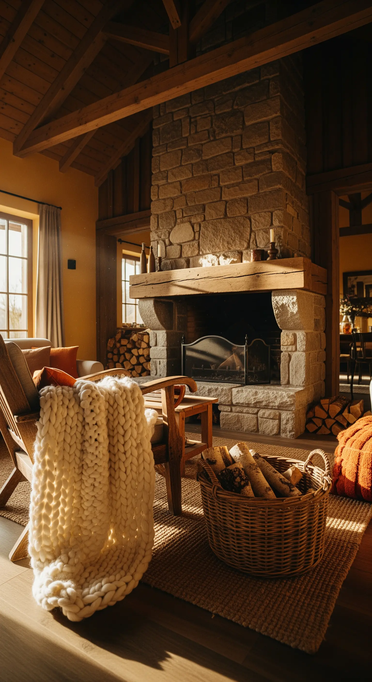 Kaminzimmer, Strickdecke, Holzkorb, Herbstdeko