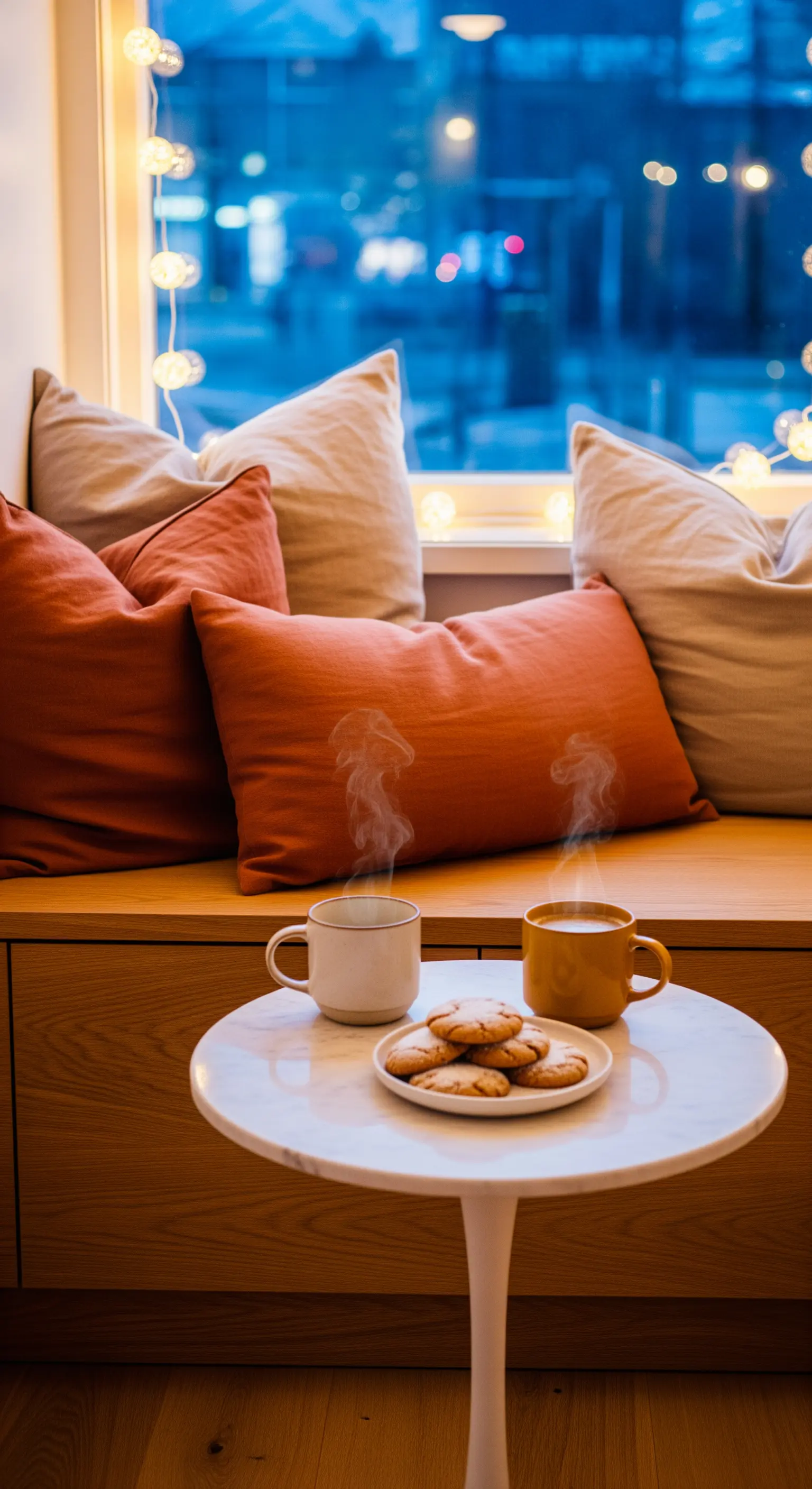 Gemütliche Fensterbank mit Kissen, Lichterkette und Beistelltisch