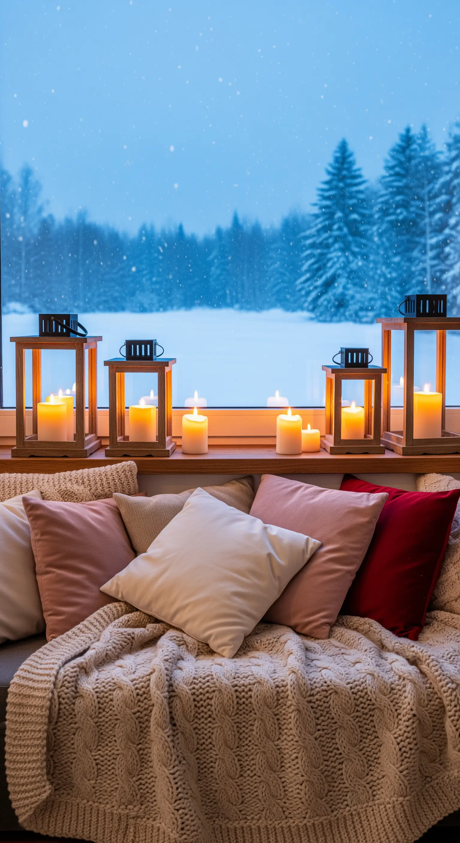 Fensterbank mit Laternen und Kerzen, gemütlicher Sofabereich mit Decken und Kissen