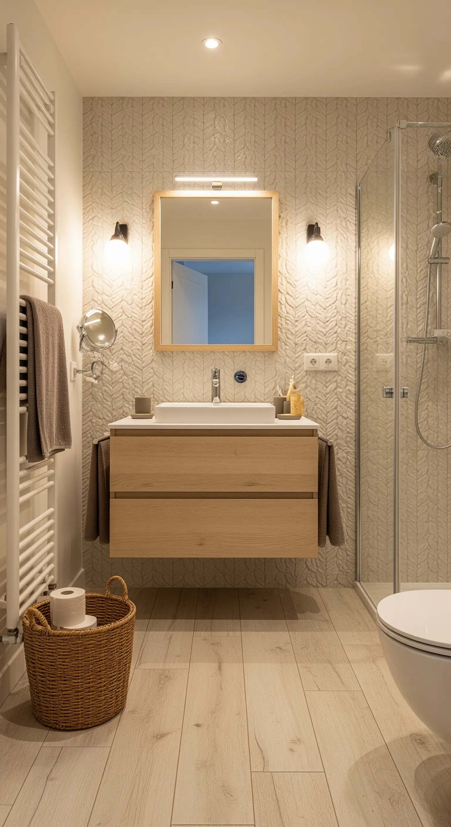 Skandinavisches Badezimmer mit cremefarbenen Wandfliesen mit Strickmuster-Relief.