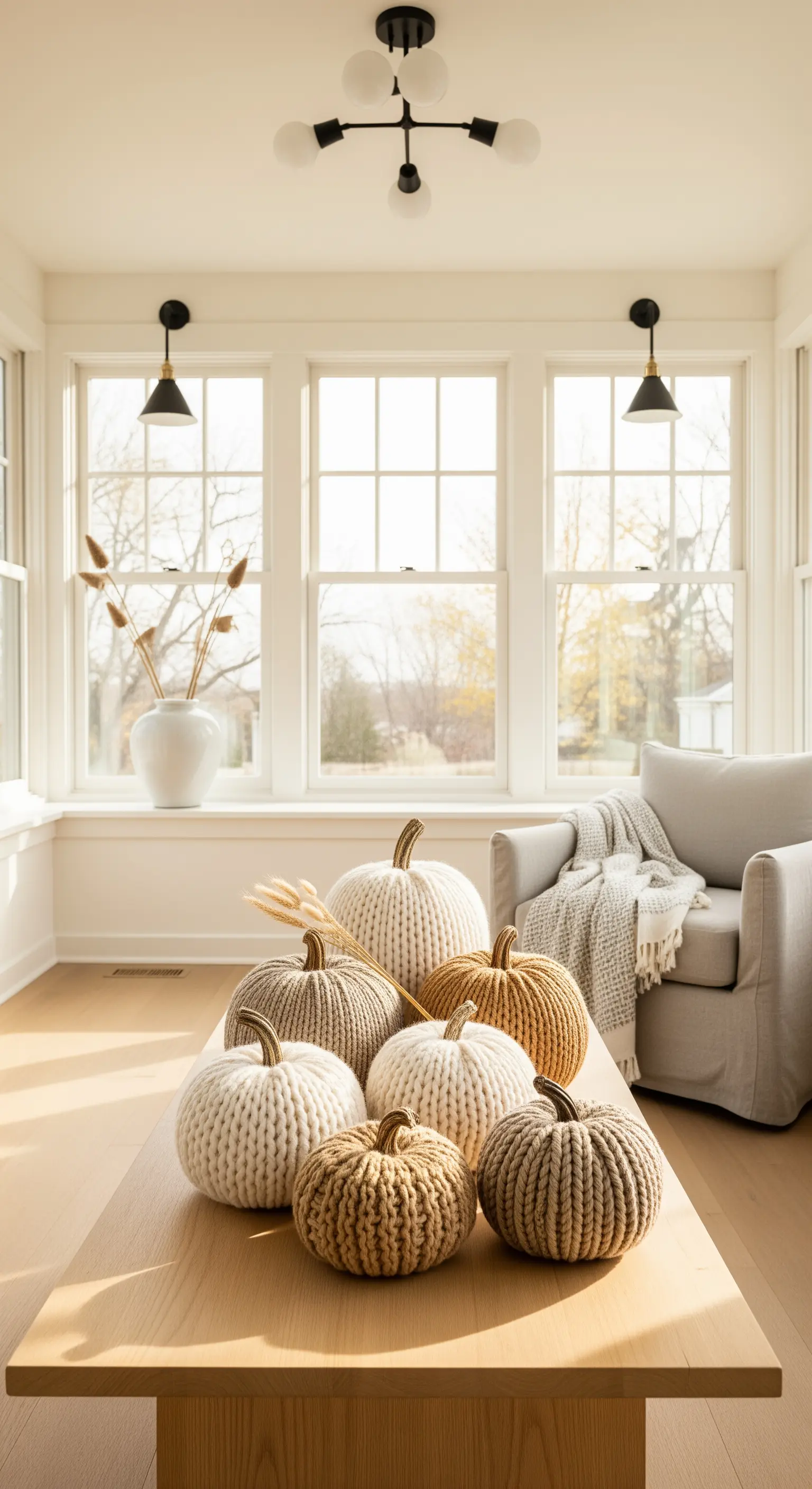 Couchtisch mit gestrickten Kürbissen in neutralen Farben und getrockneten Gräsern.