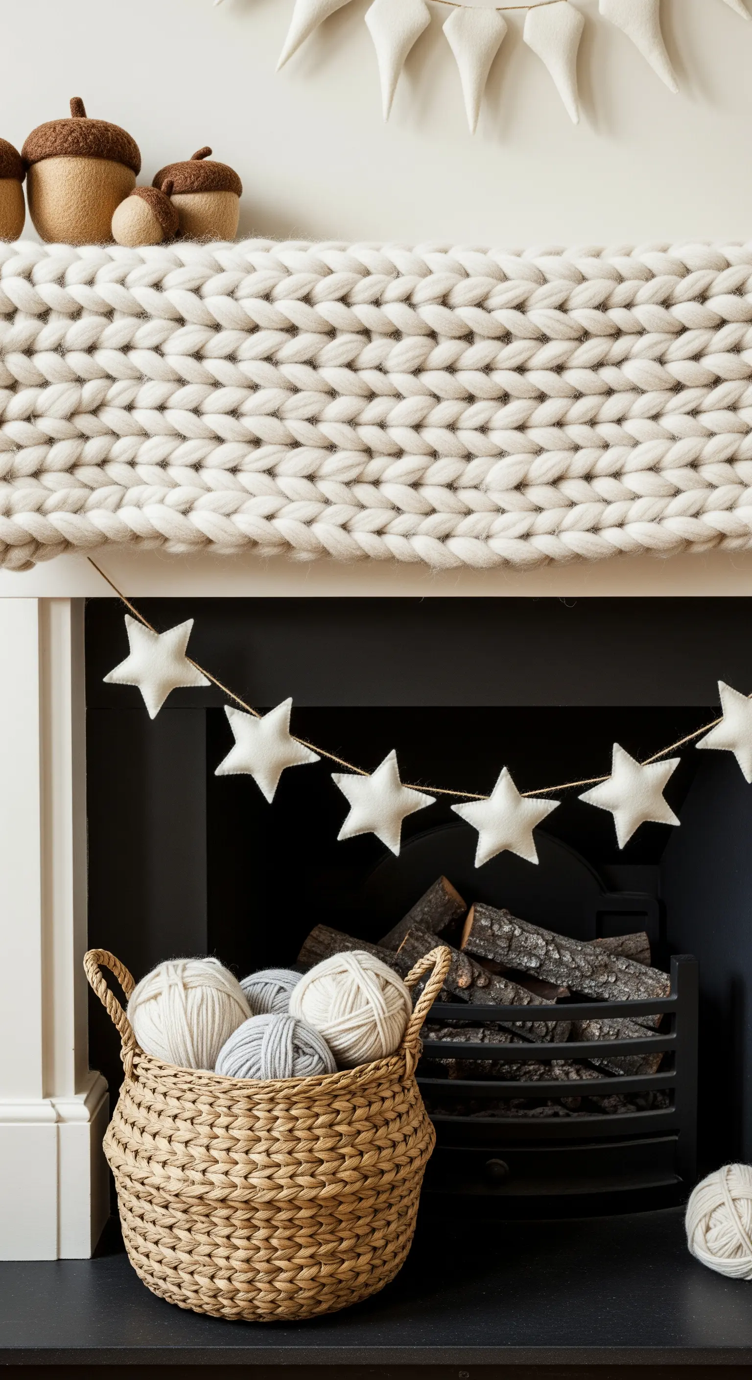 Kamindeko mit Grobstrick, Filzsternen und einem Korb voller Wolle.