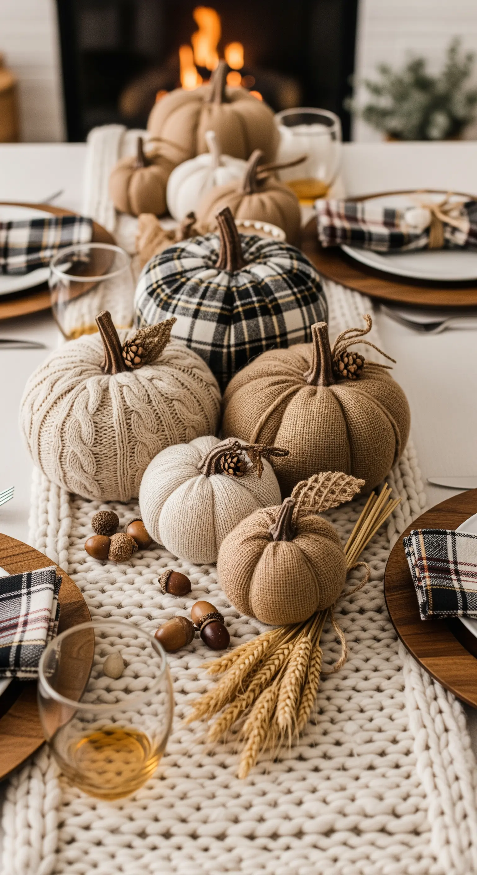 Gemütliche Stoffkürbisse in Strick- und Karomuster-Optik mit Eicheln und Weizen.