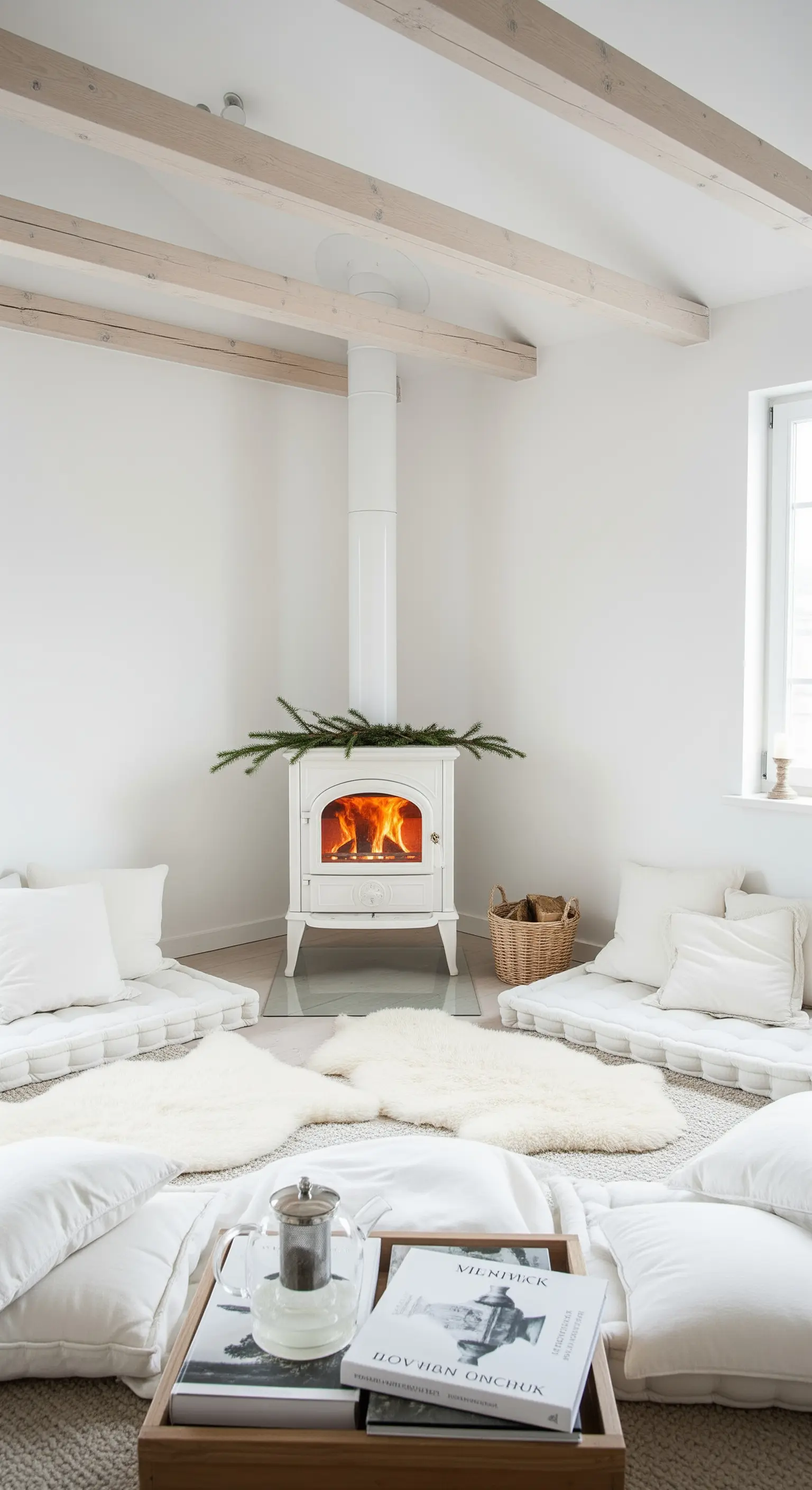 Weißer Holzofen, weiße Bodenkissen und Schaffelle, minimalistischer Hygge-Stil.