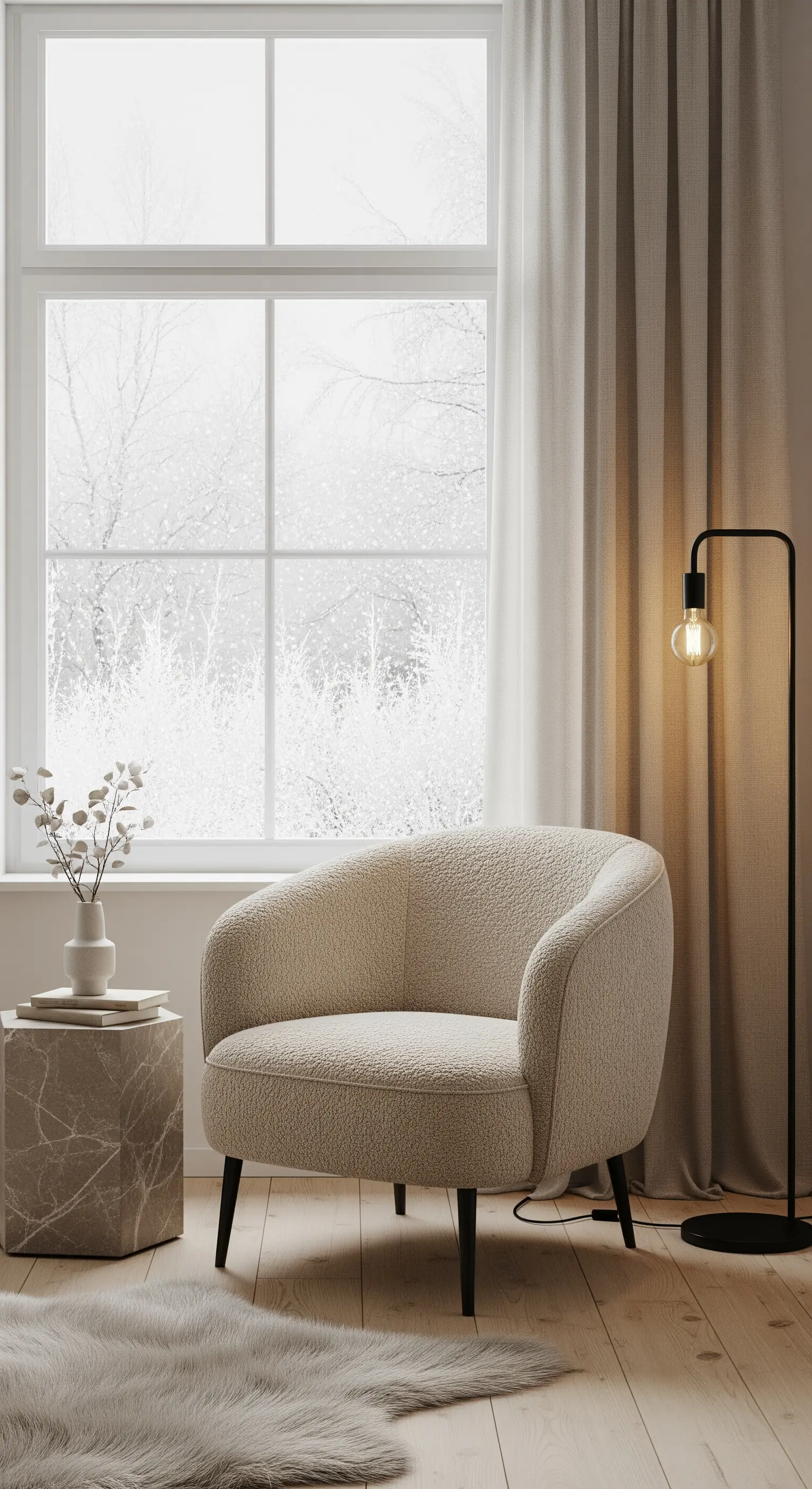 Leseecke mit Bouclé-Sessel, Fellteppich und Stehlampe