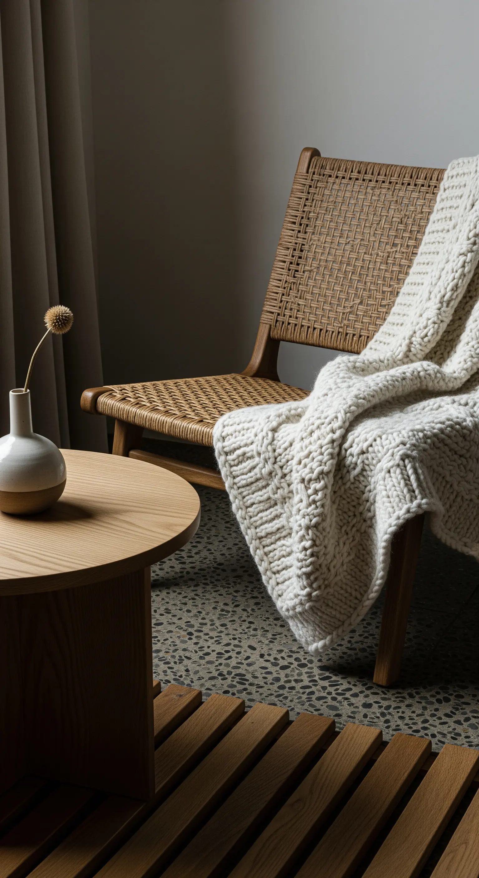 Japandi Leseecke mit Rattanstuhl und Strickdecke