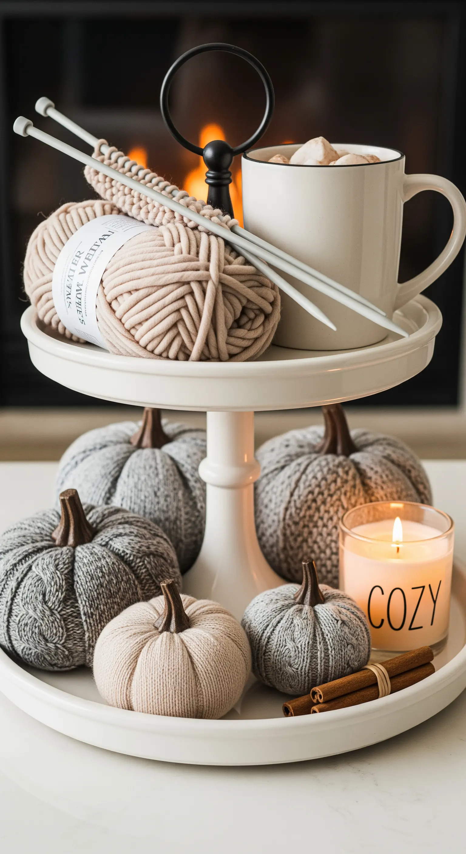 Weiße Etagere vor einem Kamin mit gestrickten Kürbissen und Wolle