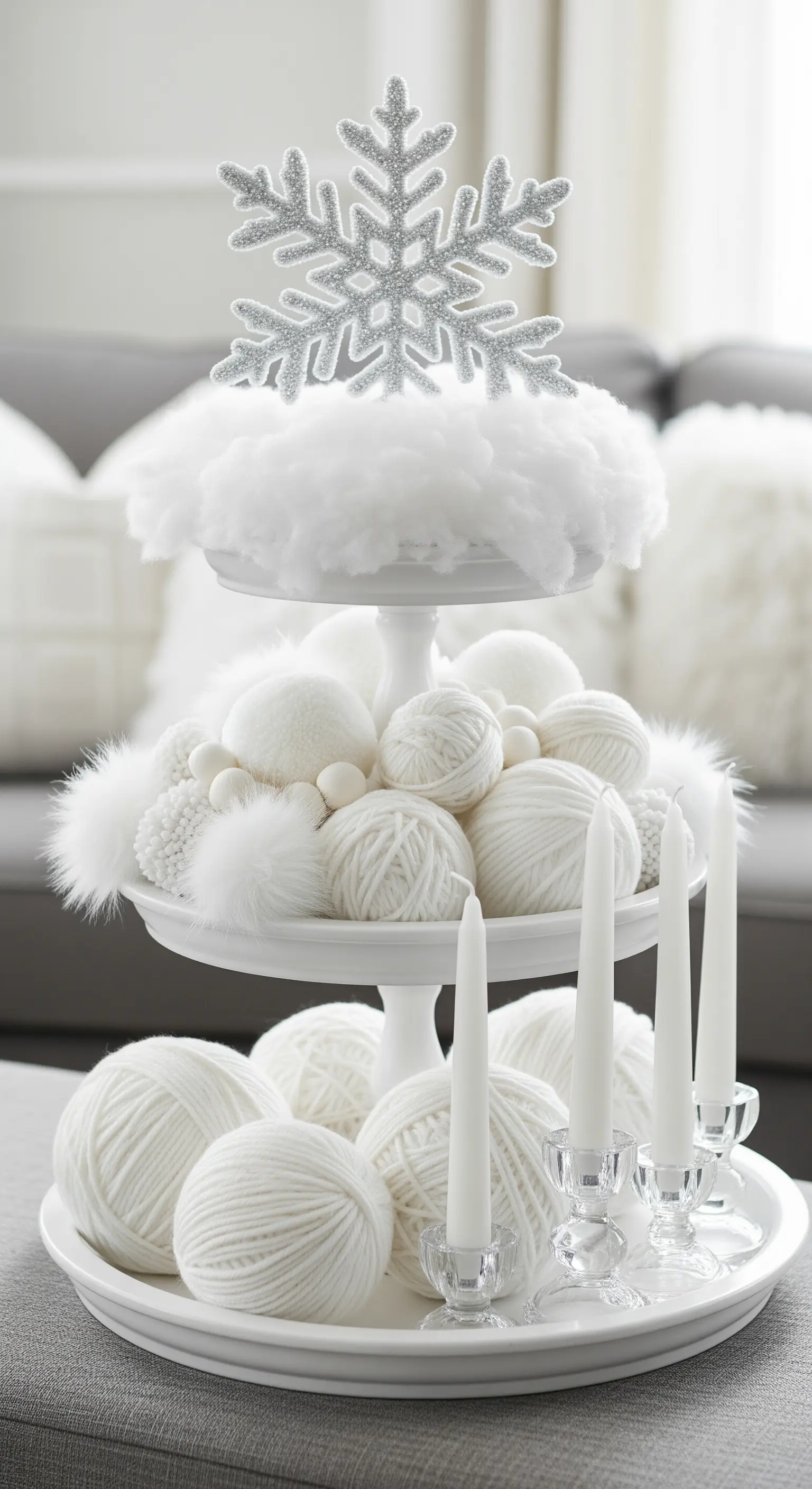 Weiße Etagere mit Wollknäueln, Kunstfell und Kerzen für einen Hygge-Look.