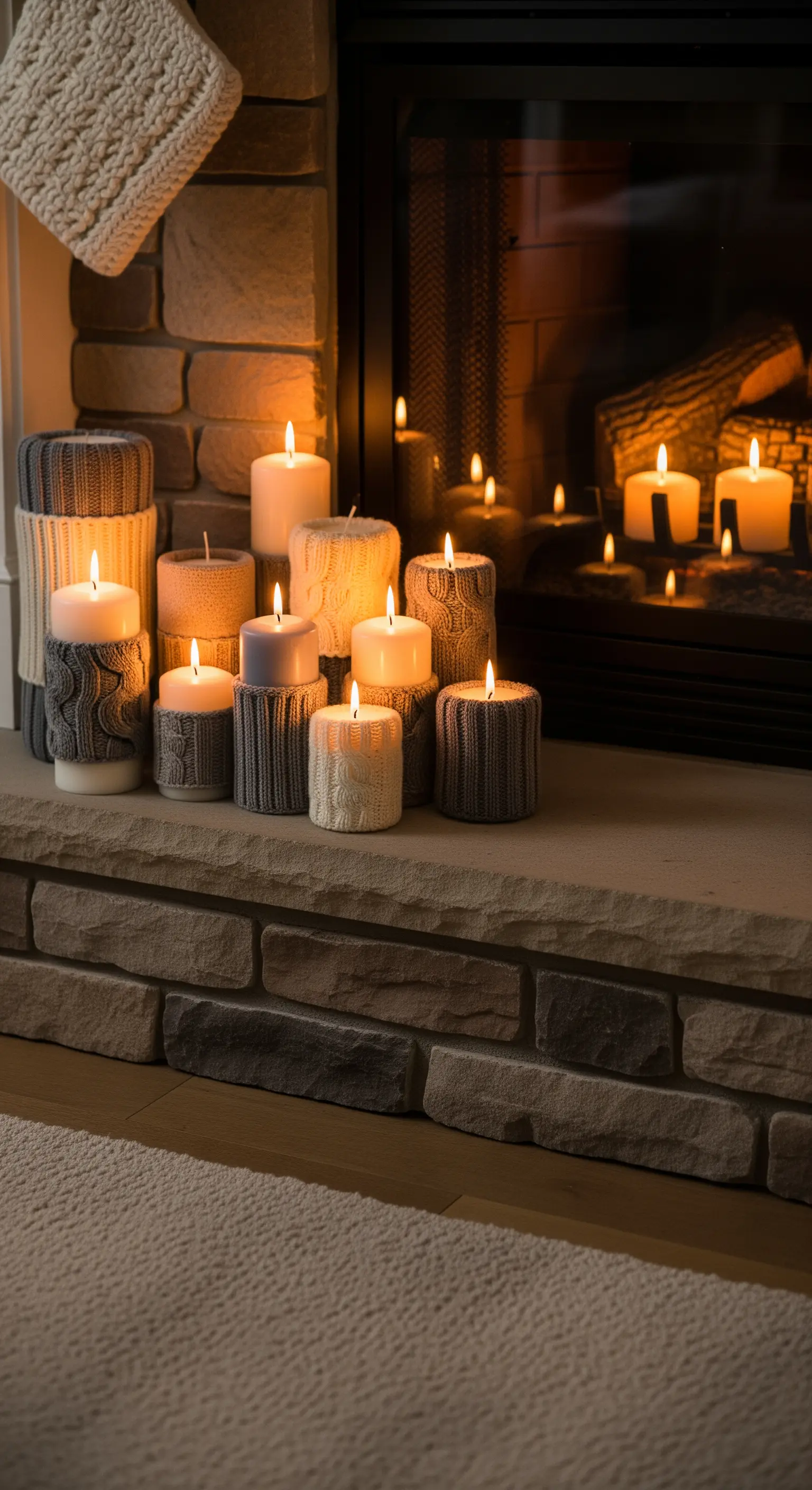 Verschiedene Stumpenkerzen, eingehüllt in gemütliche Strick-Manschetten, auf einem Kaminsims.
