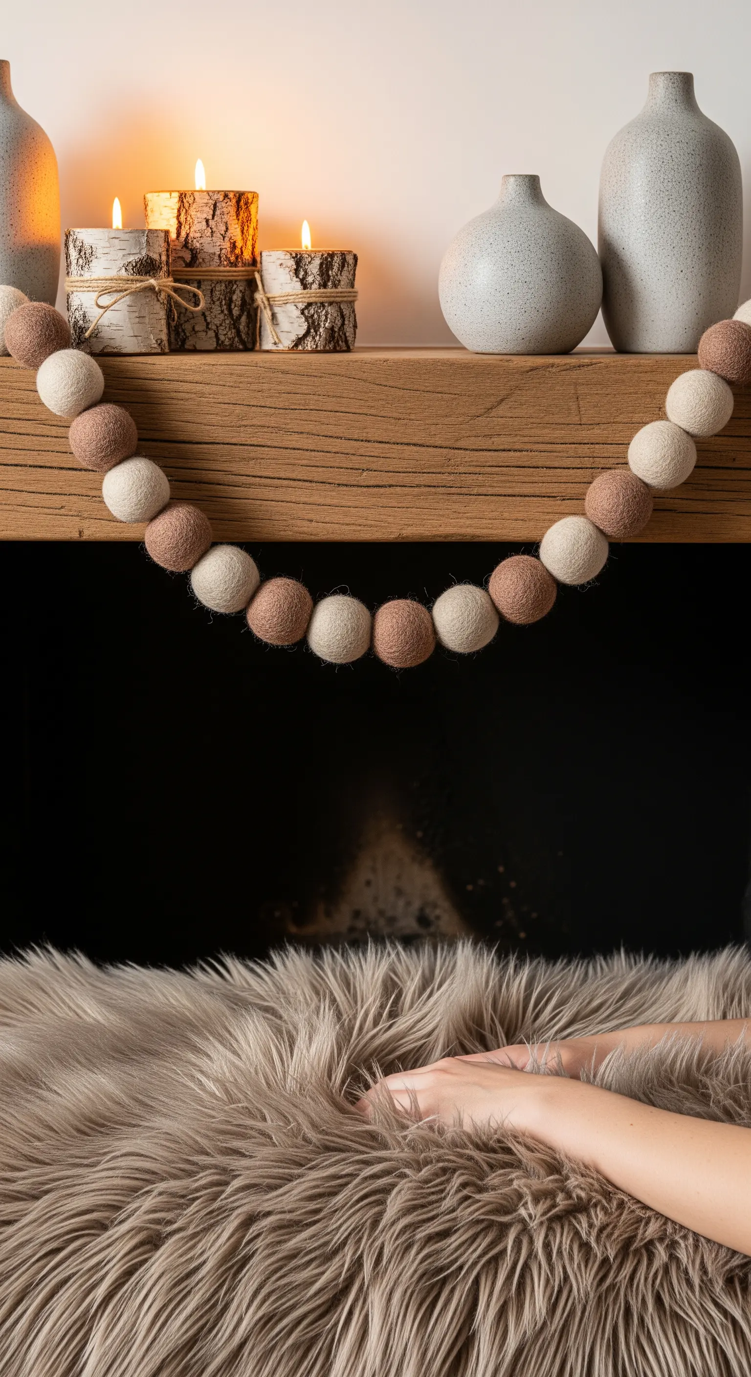 Kamin-Detail mit Filzkugel-Girlande, Birkenholz-Kerzen und einem Lammfell.