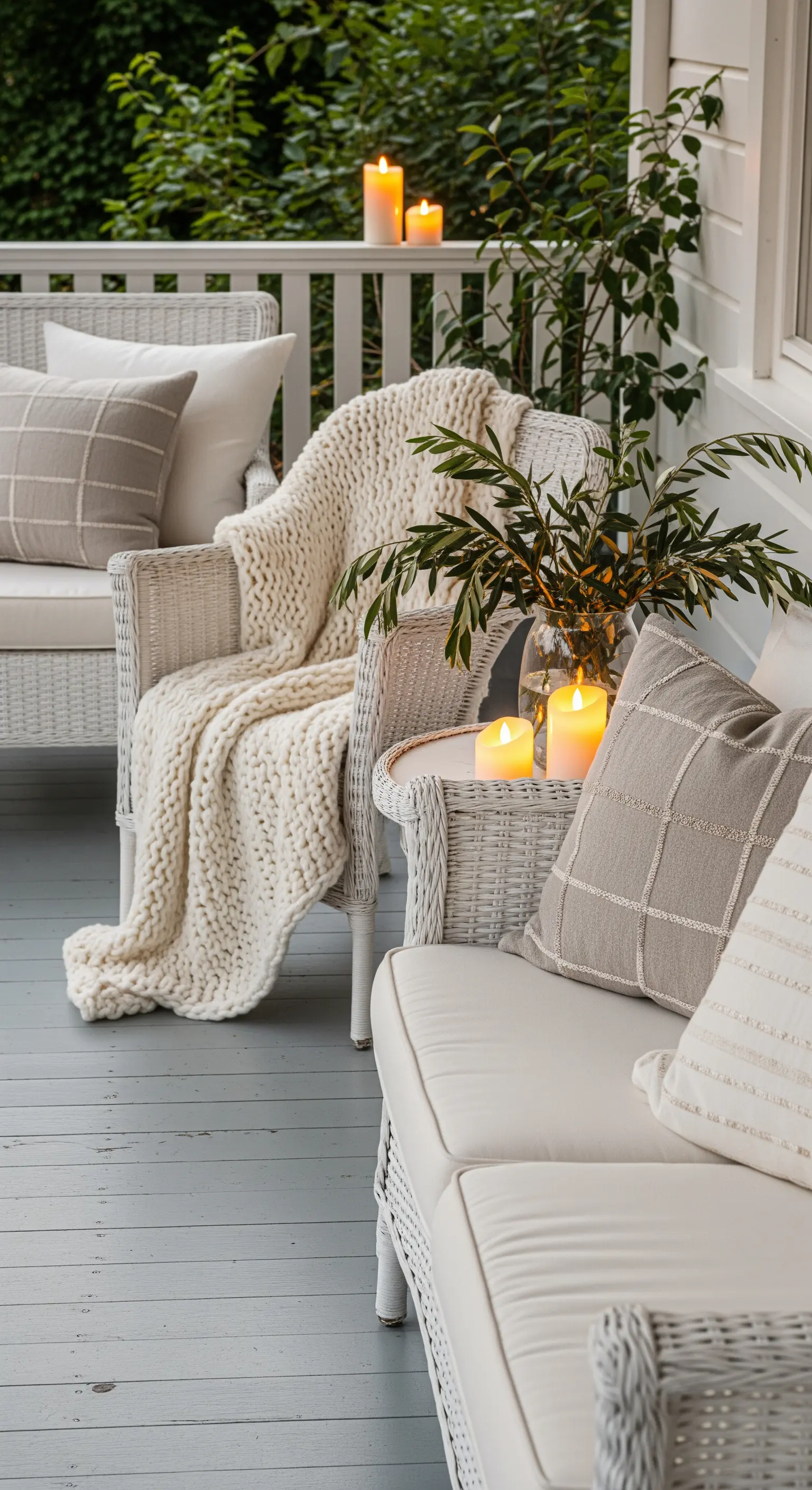 Gemütliche Veranda mit weißen Korbmöbeln, Strickdecke, Kerzen und Pflanzenzweigen