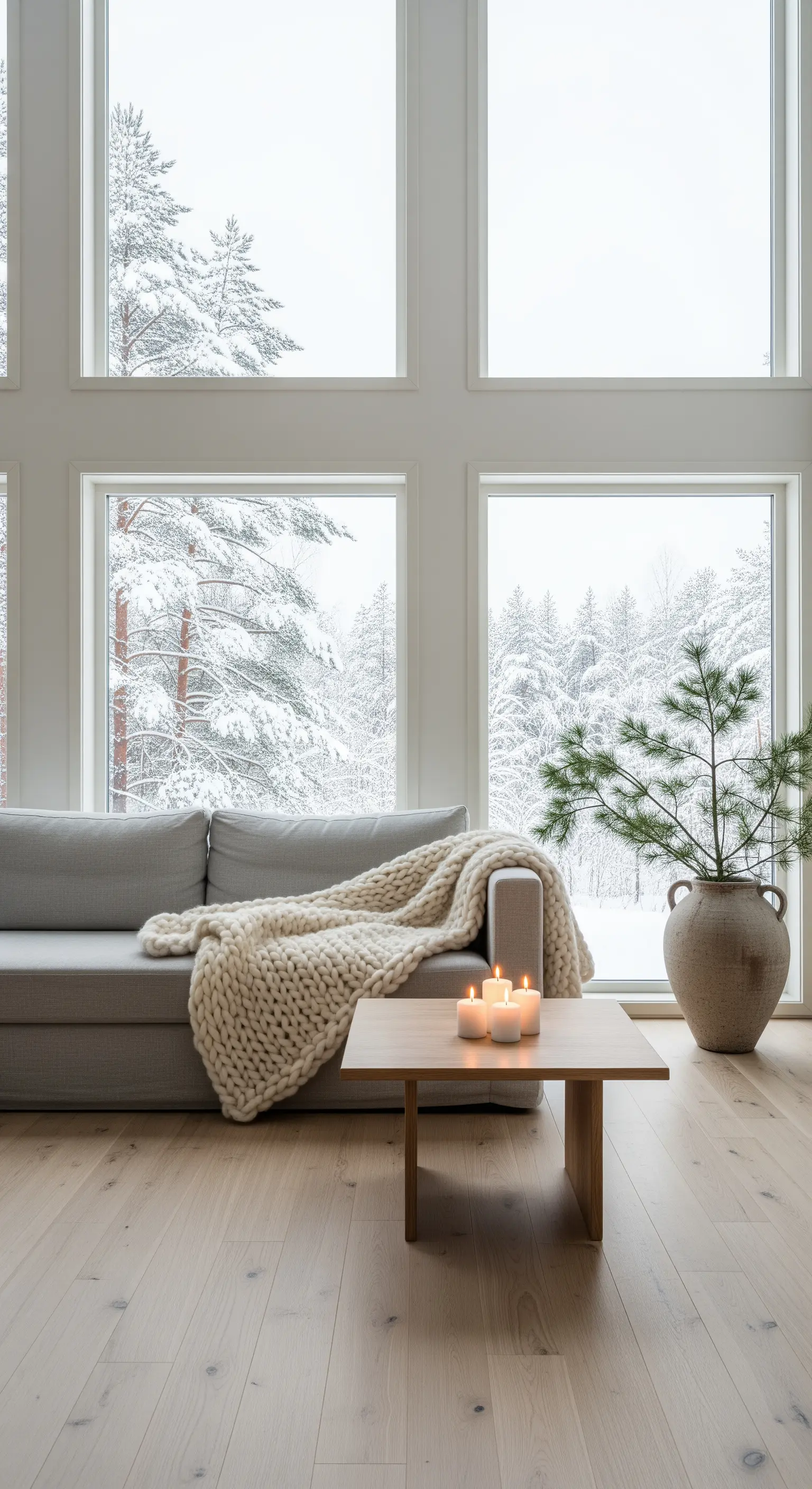 Minimalistisches Wohnzimmer mit gestrickter Decke, Kerzen und Kieferzweigen vor Winterlandschaft.