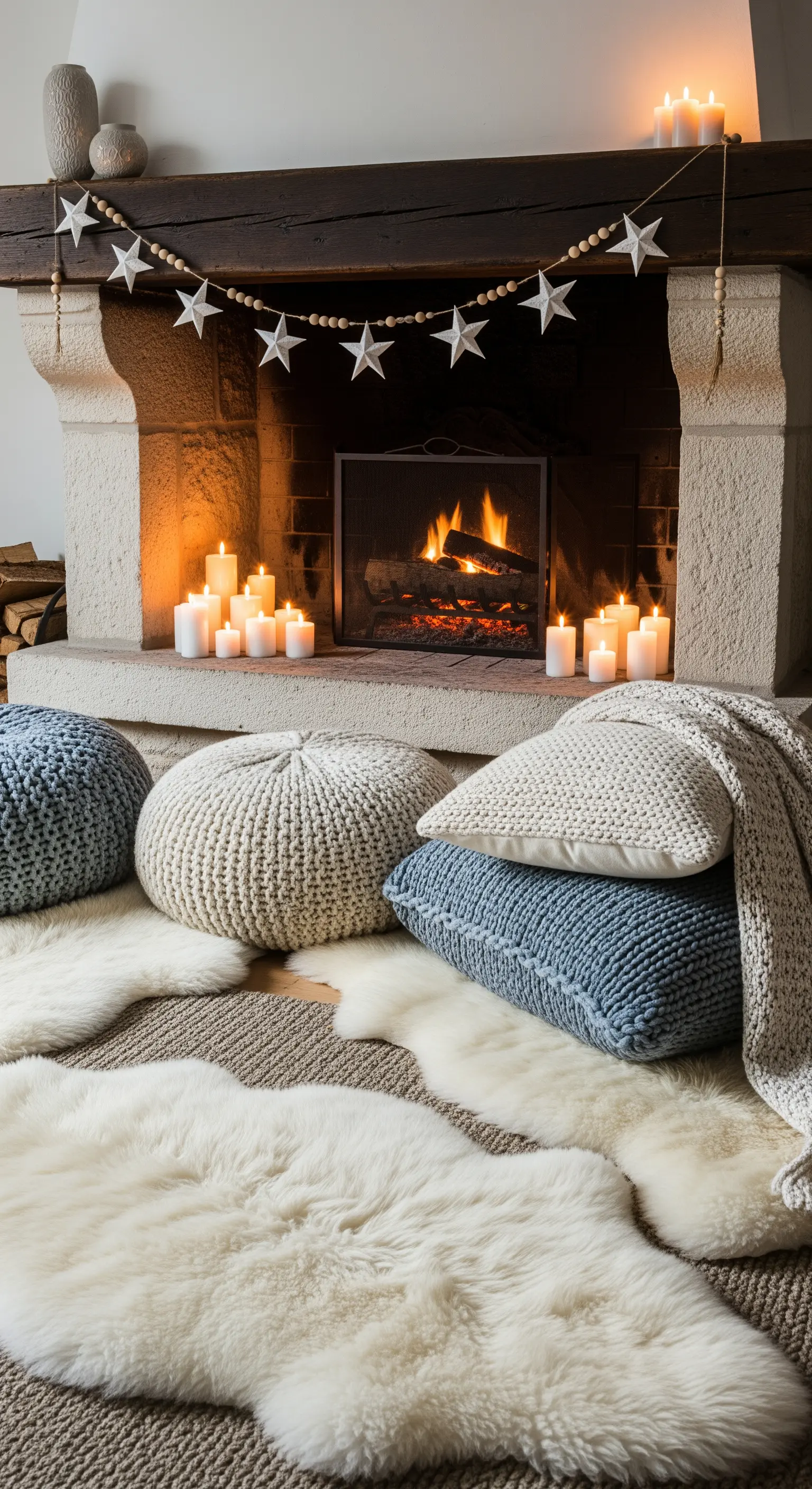 Steinkamin mit Sternengirlande, Fellteppichen, Strickkissen und Kerzen