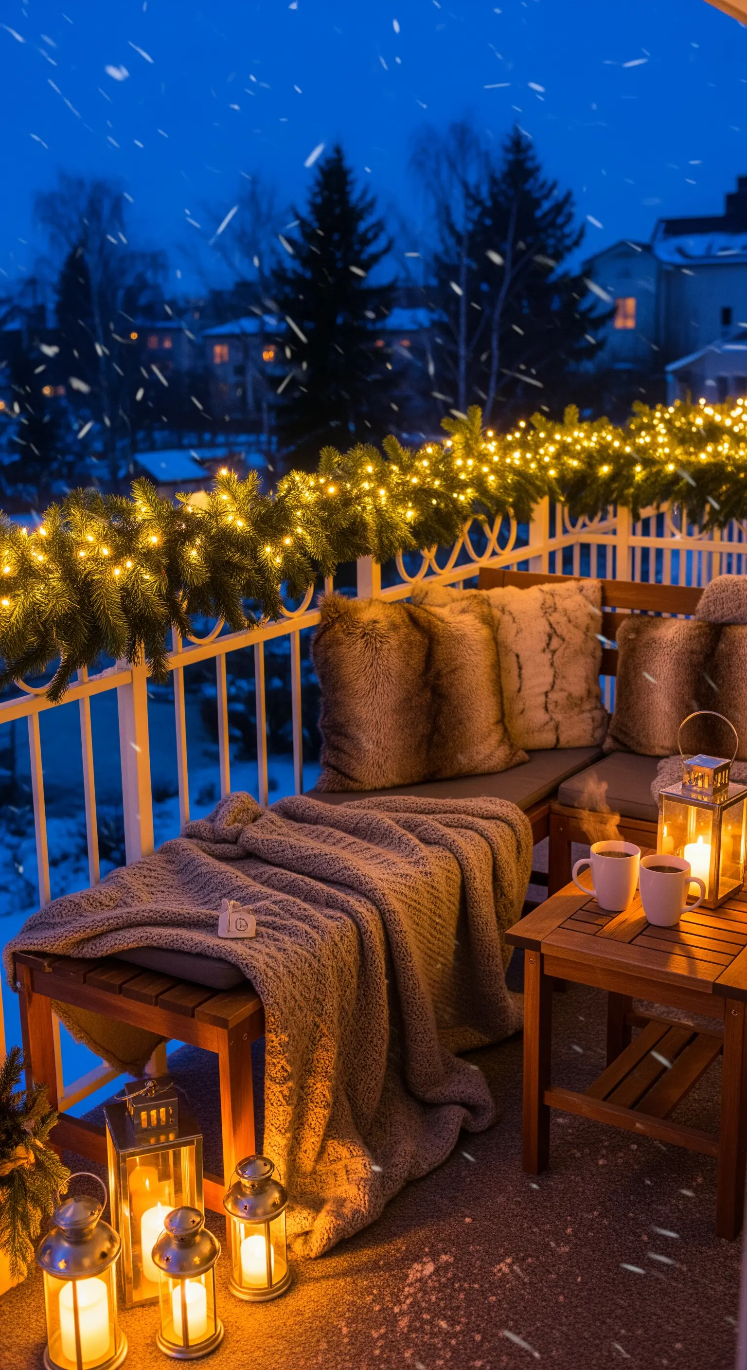 Gemütlicher Balkon mit Decken, Laternen und Lichterketten-Girlande im Schnee