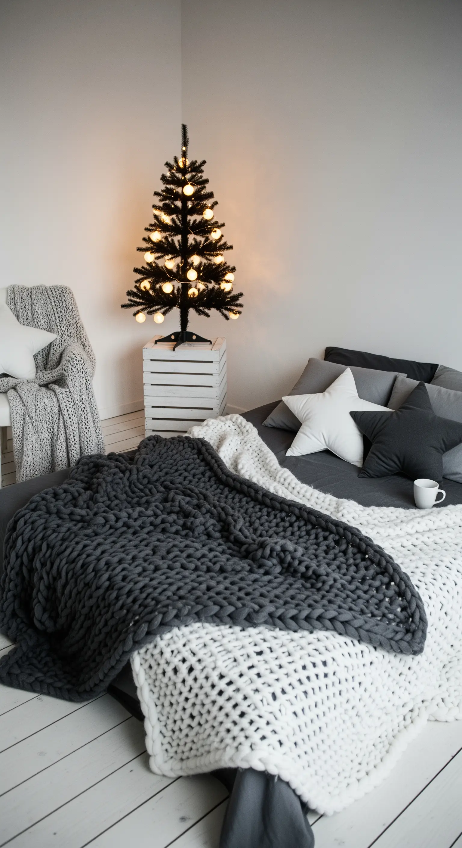 Schlafzimmer mit kleinem schwarzem Weihnachtsbaum und groben Strickdecken.