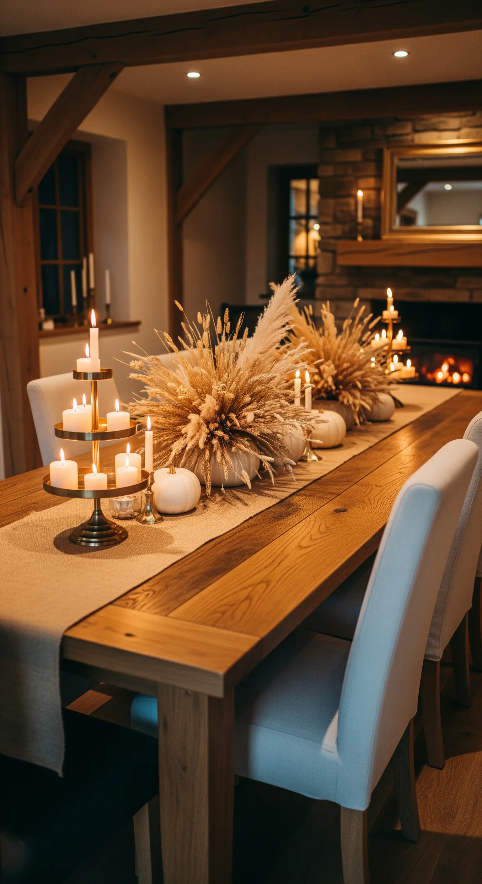 Pampasgras, weiße Kürbisse, goldene Kerzenleuchter auf Holztisch mit Jute-Läufer für gemütliche Herbst-Deko