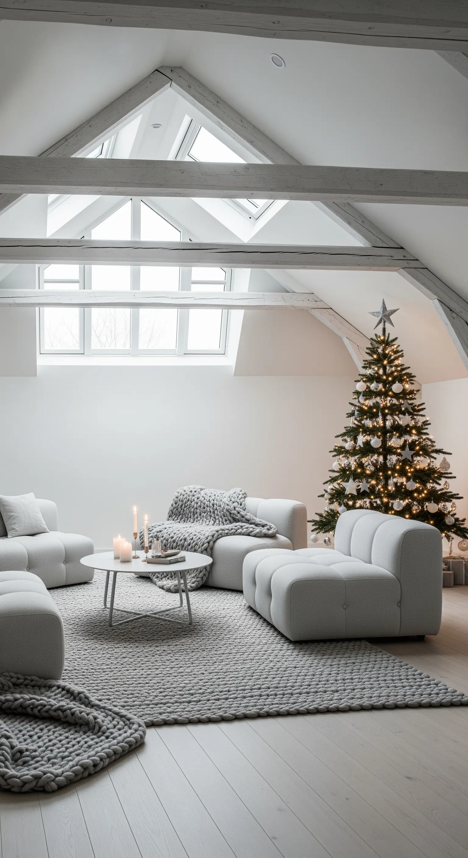 Weihnachtsbaum in weiß-silberner Deko im gemütlichen Wohnzimmer mit Dachbalken.
