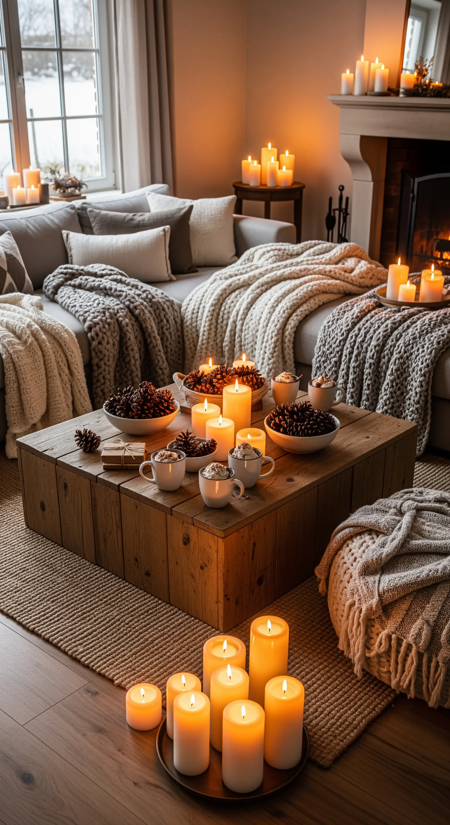 Rustikales Wohnzimmer mit Holztisch voller Kerzen und Tannenzapfen, vielen Strickdecken und Kamin.