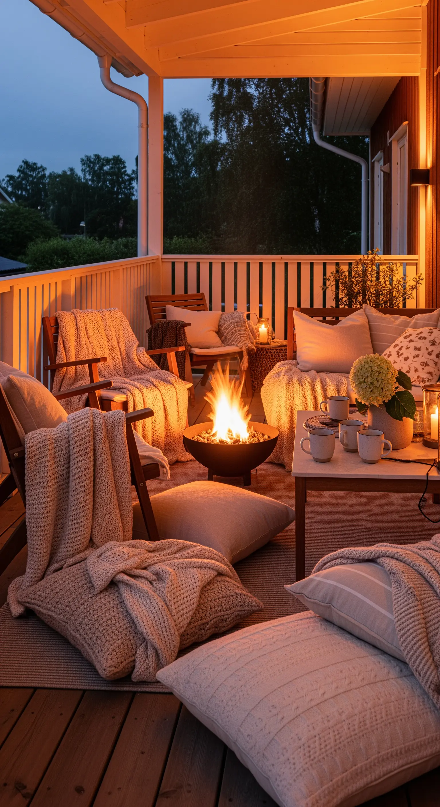 Hygge-Veranda mit Feuerkorb, Strickdecken, Kissen und warmen Lichterketten
