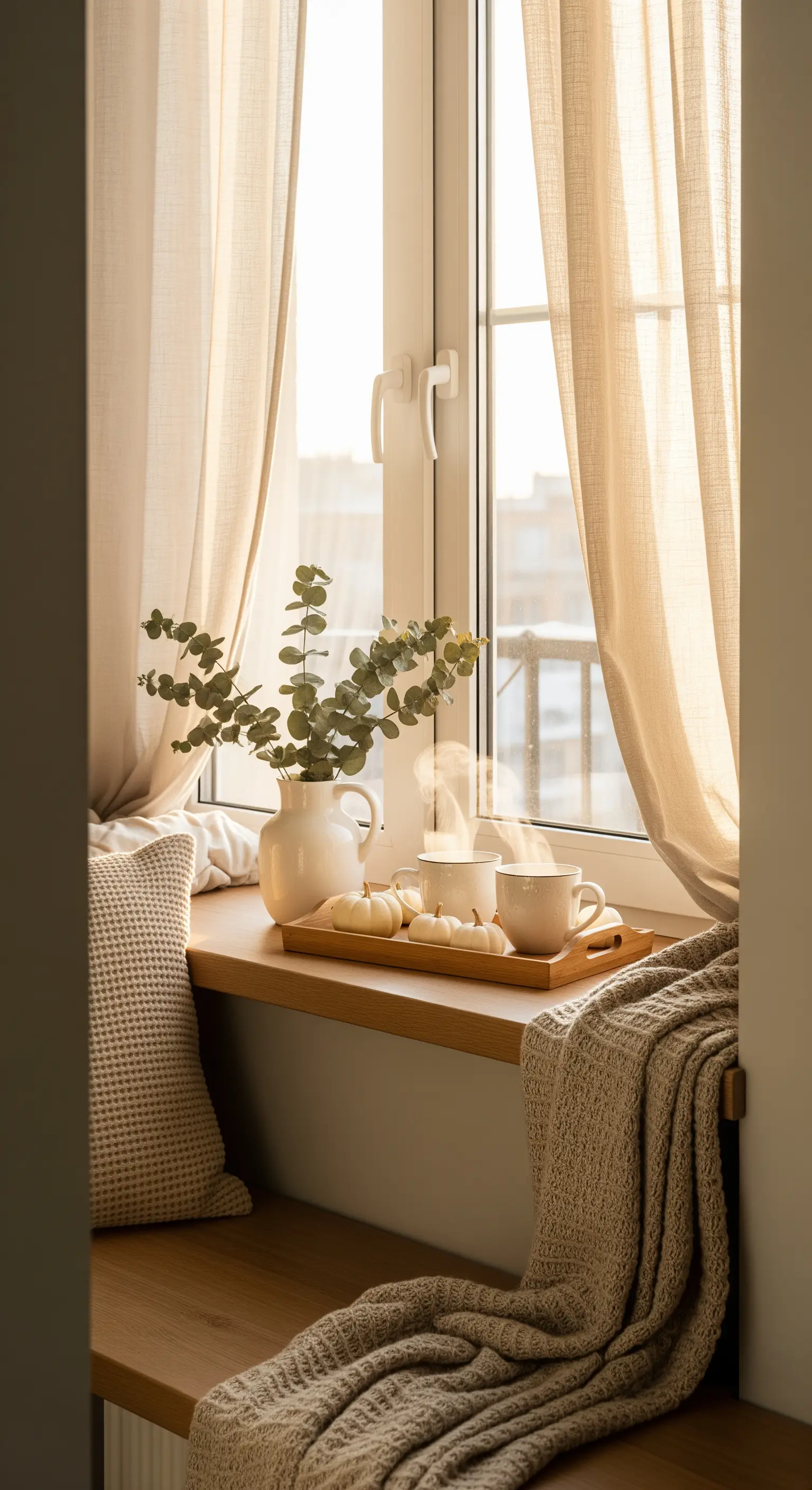 Fensterbank Deko mit Eukalyptus, Kürbissen, Decke, Kaffee.