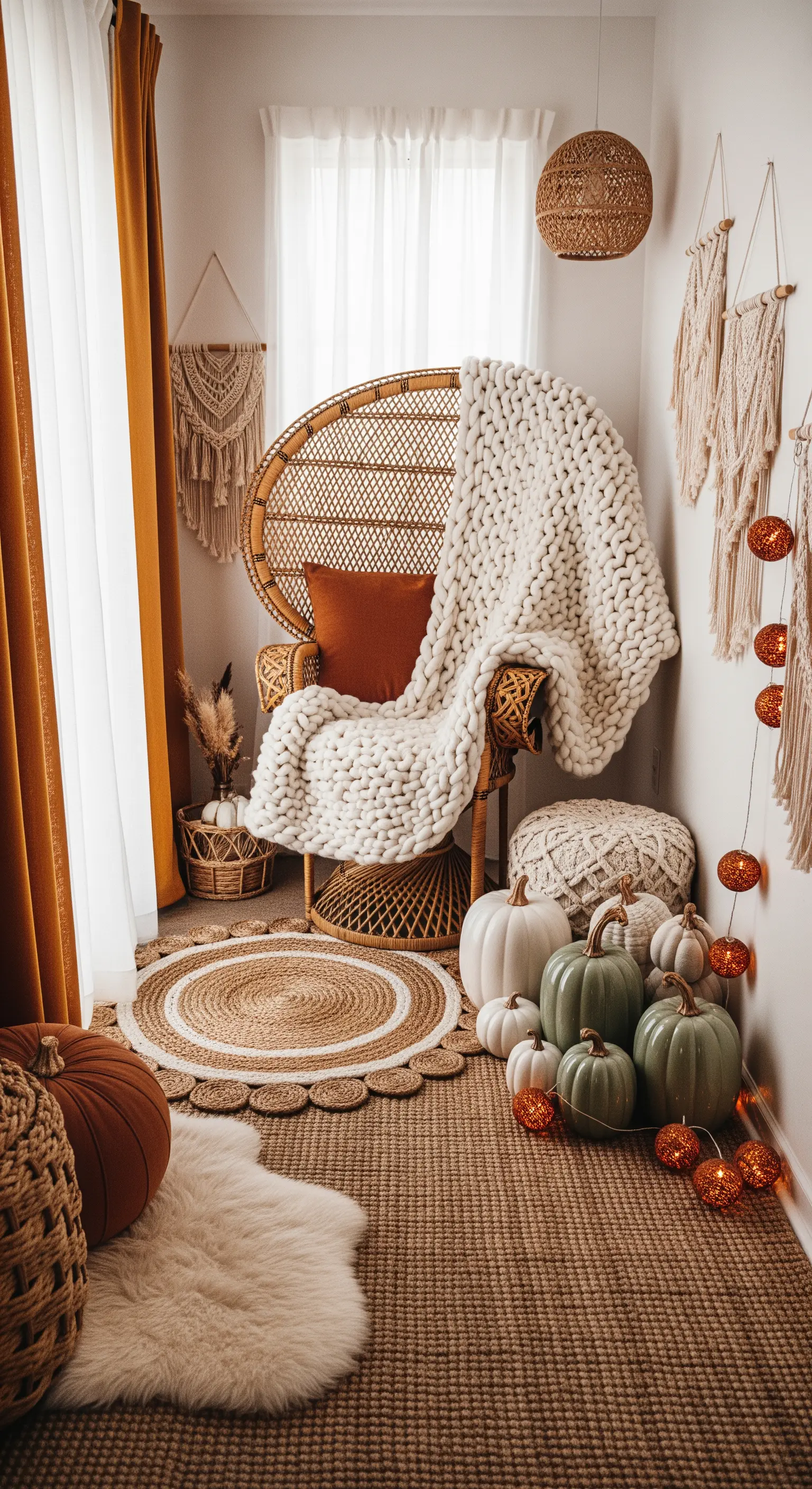 Cozy Peacock-Chair mit Strickdecke, Kürbissen, Jute-Teppich in Boho-Ecke.