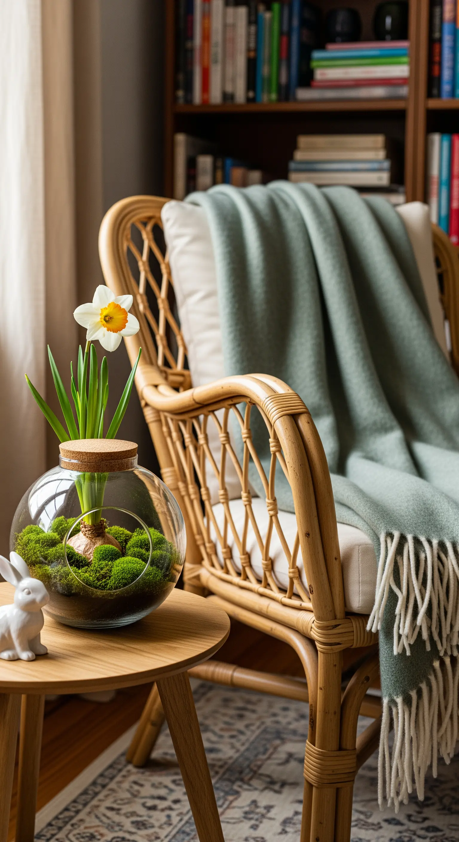 Rattansessel mit Plaid, Glastterrarium mit Narzisse und Keramik-Hase