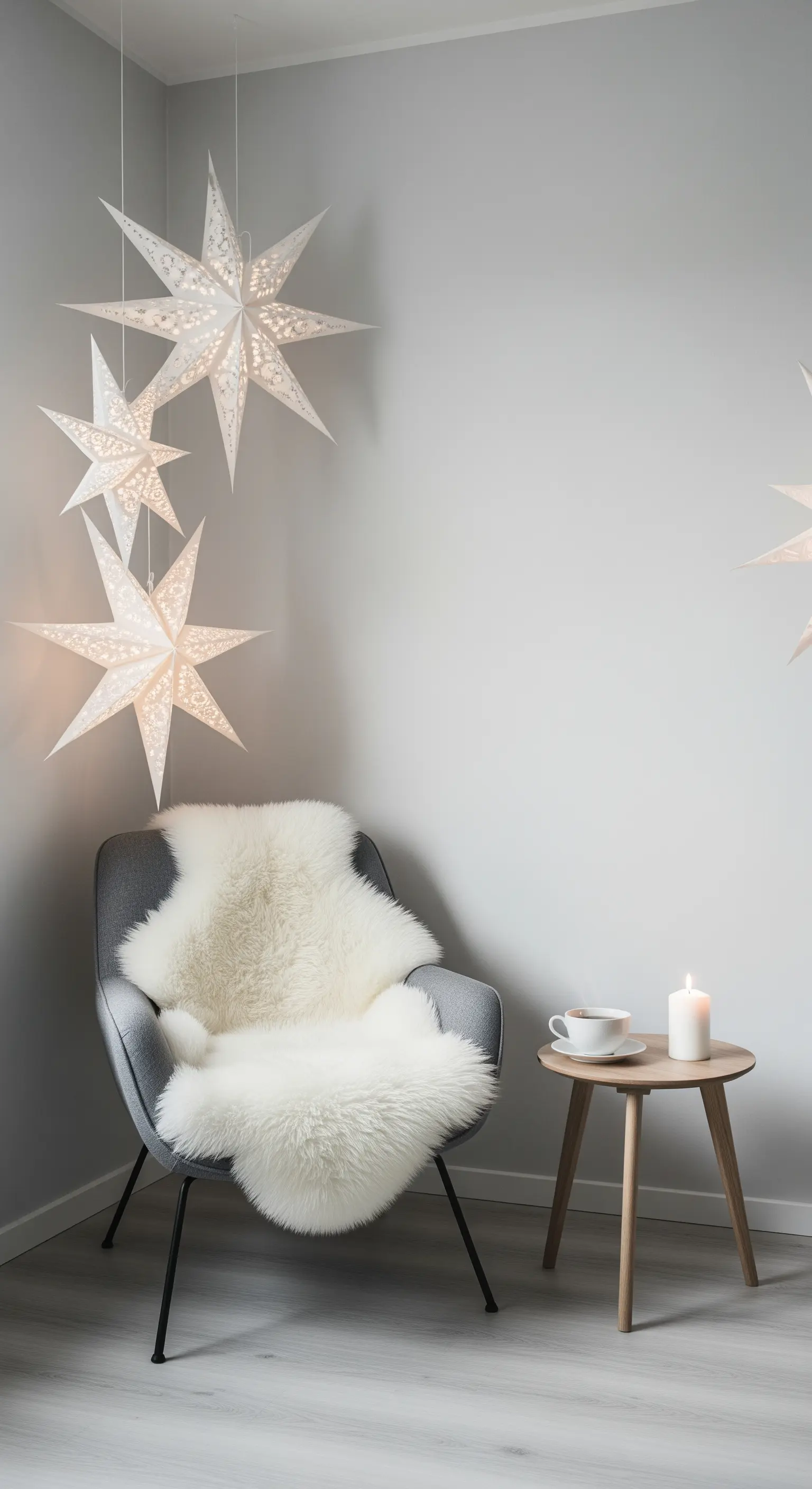 Sessel mit Schafsfell, Beistelltisch und leuchtenden Papiersternen