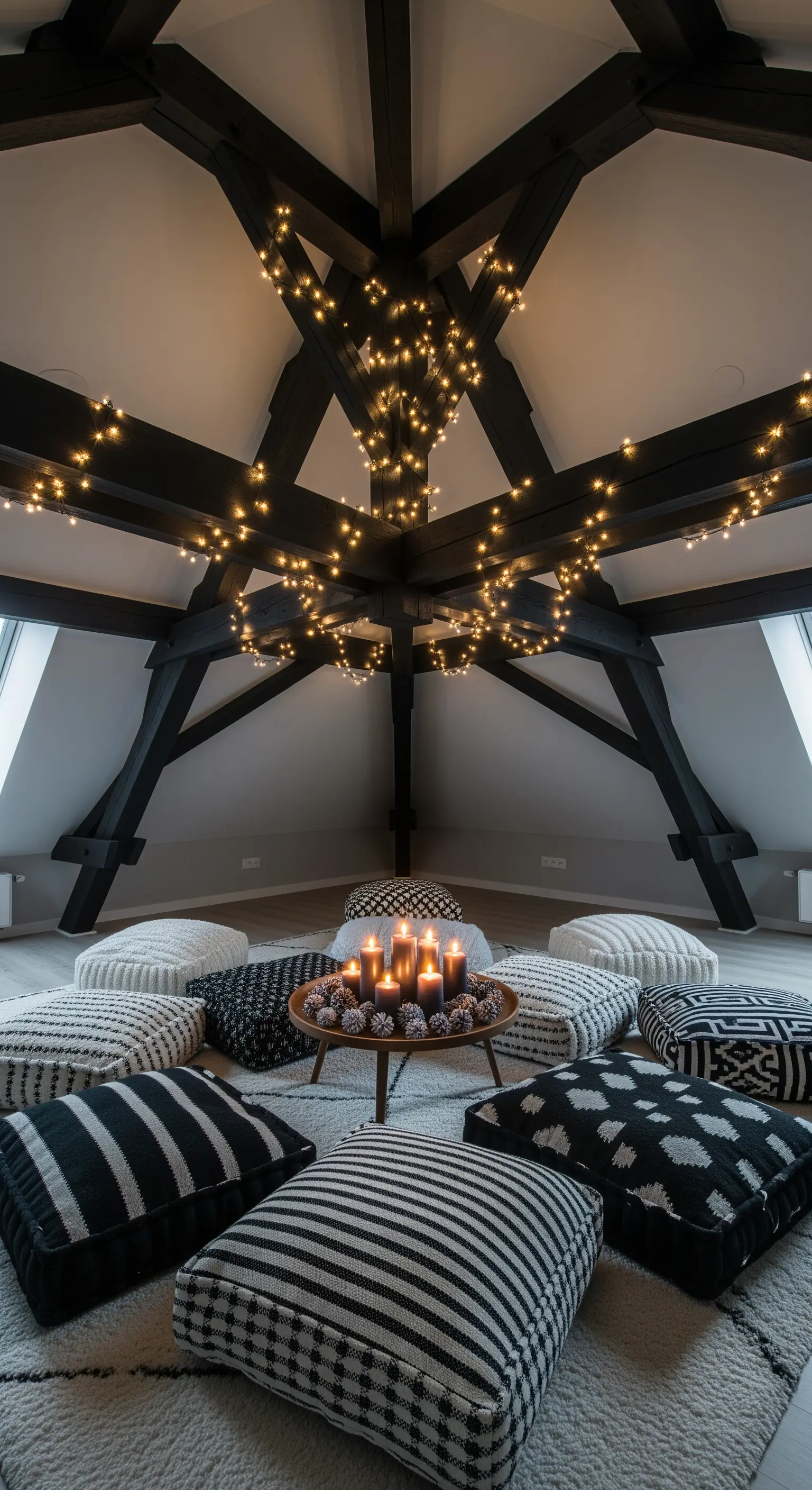 Loft mit Lichterketten an Deckenbalken und gemusterten Sitzkissen.