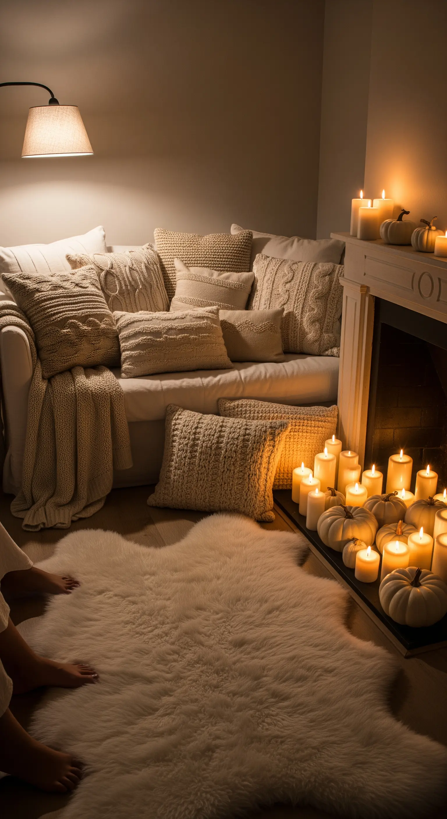 Gemütliches Sofa mit Strickkissen und Kerzenkamin.