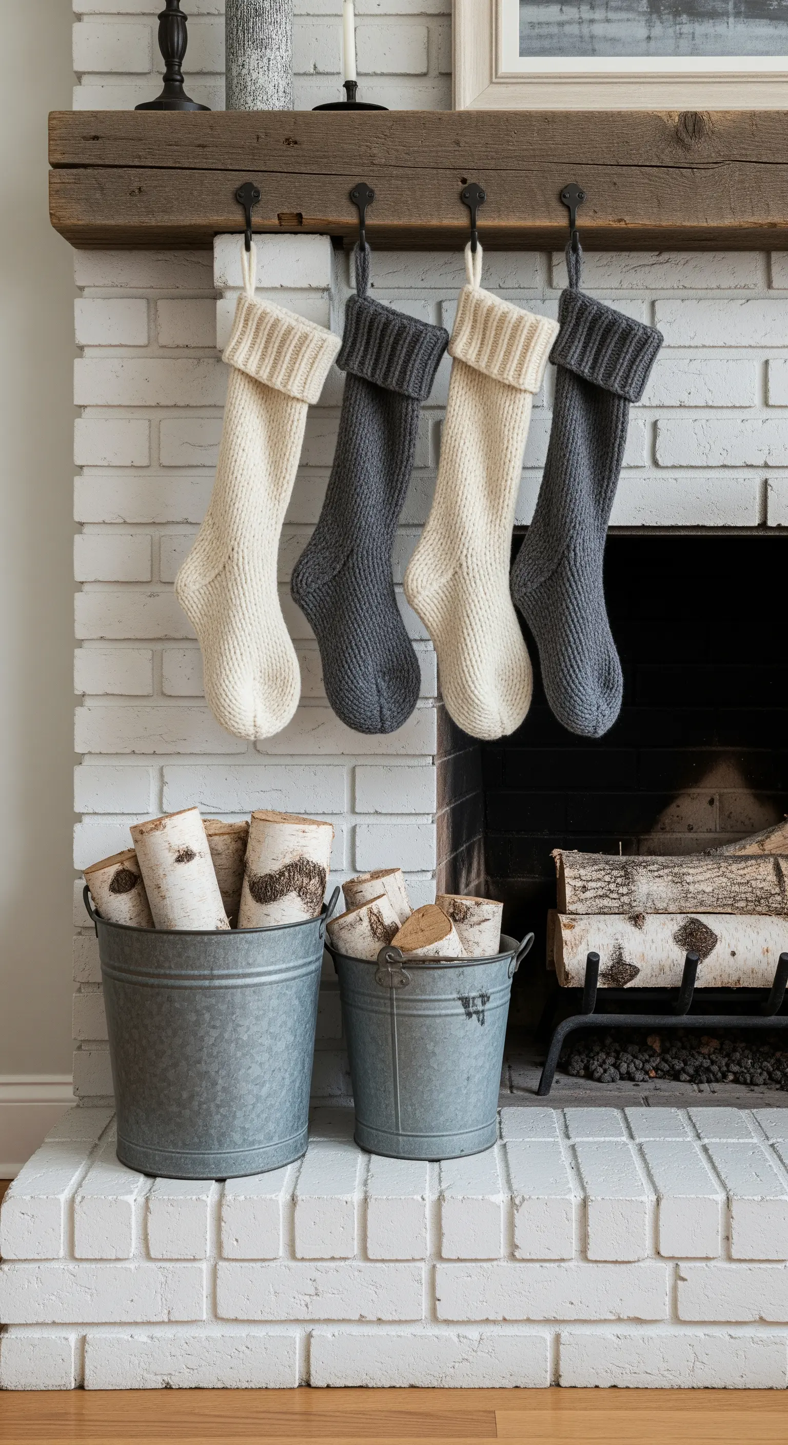 Strickstrümpfe und Birkenholz in Metallgefäßen vor weißem Ziegelkamin