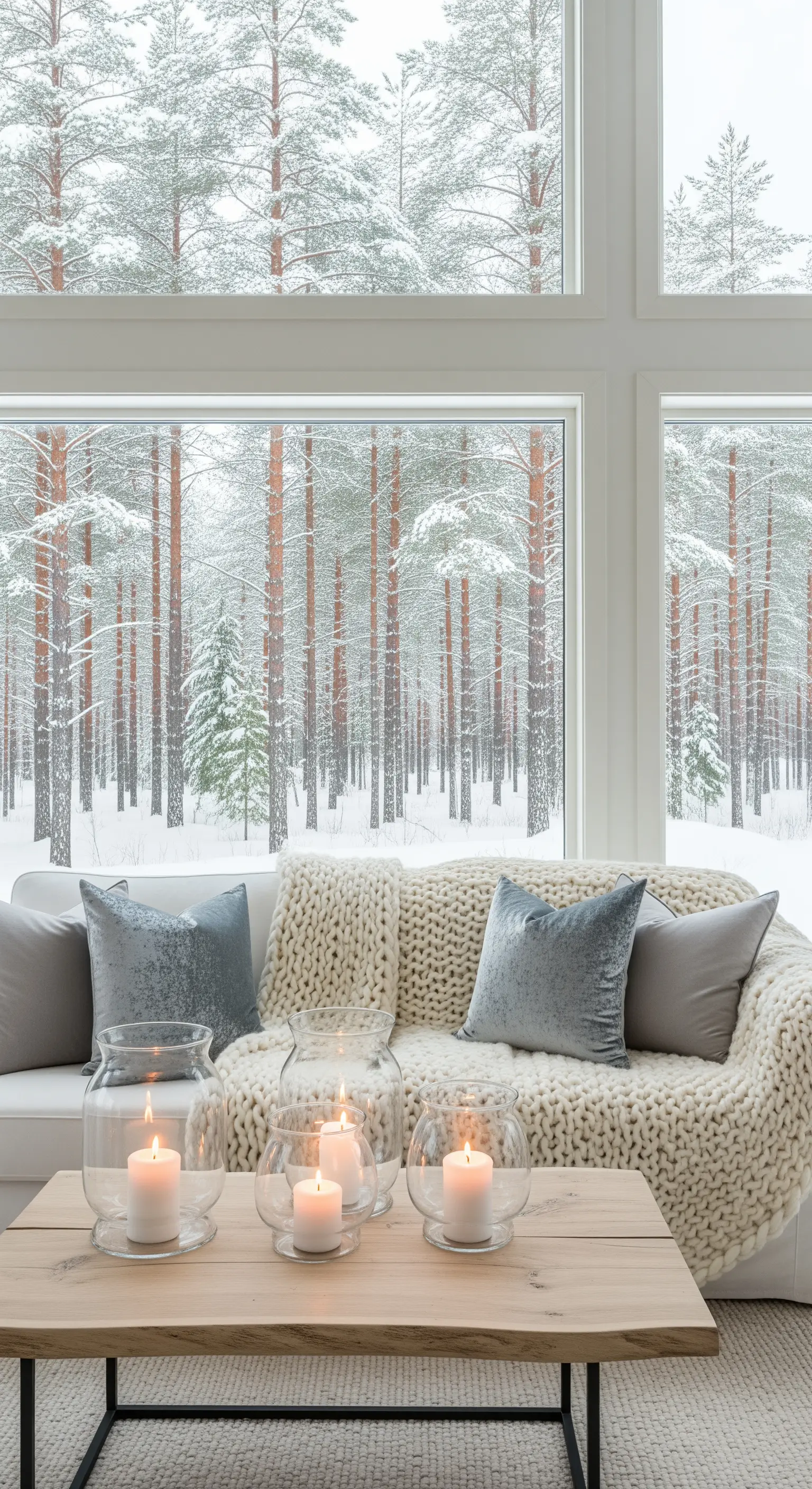 Gemütliches Wohnzimmer mit dicken Strickdecken, weichen Kissen, Kerzen auf Holztisch.