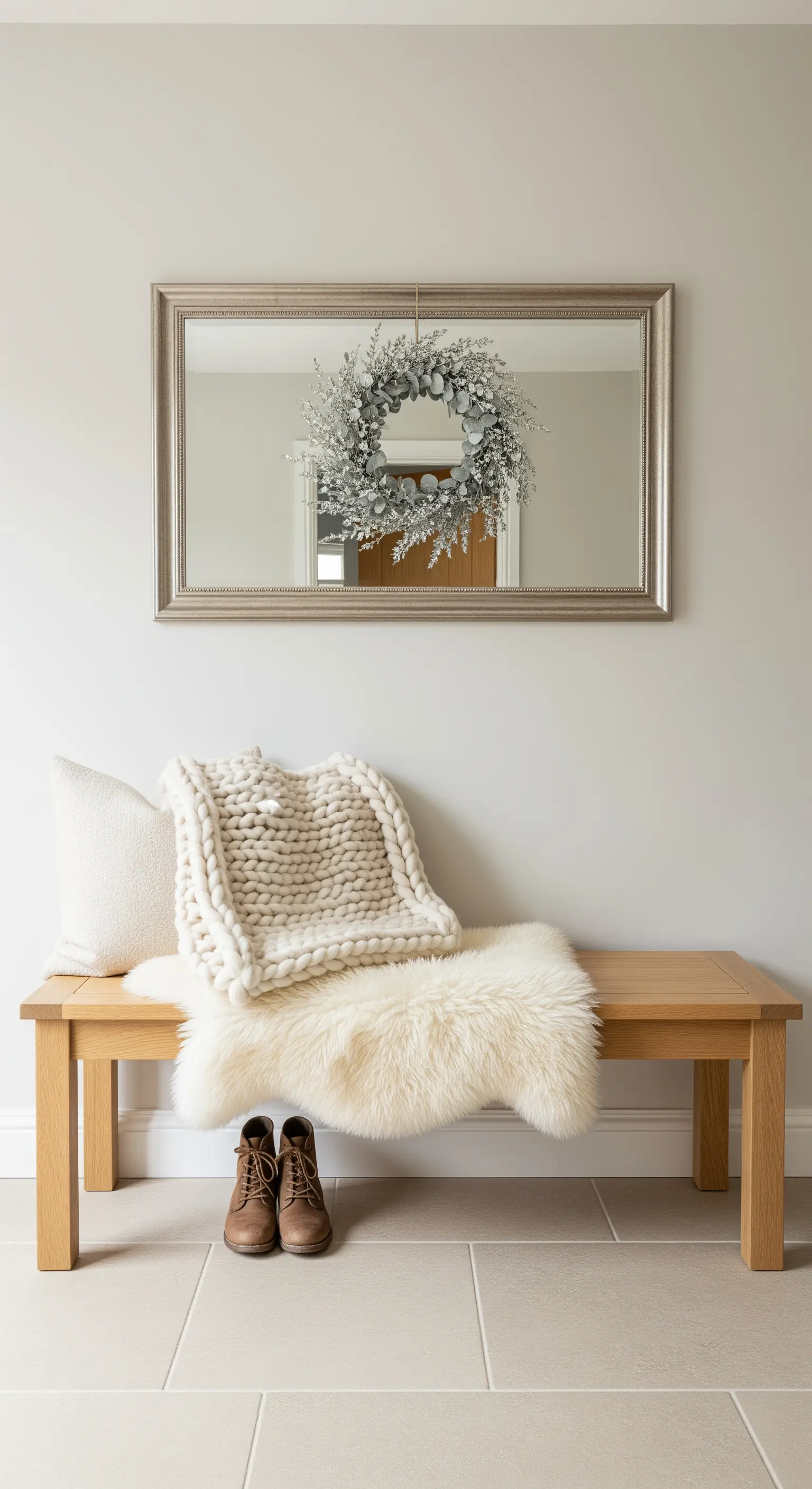 Holzbank mit Schaffell, Strickdecke und silbernem Kranz über Spiegel.